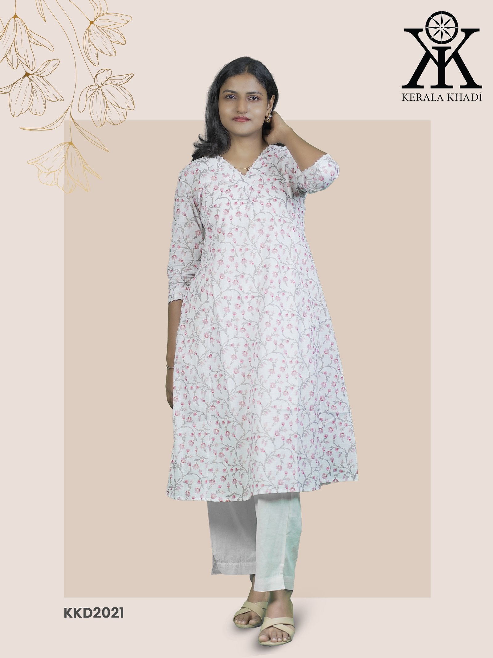 KKD2021 - Floral Print  V Neck Lace pattern White with pink flower A Line Kurthi