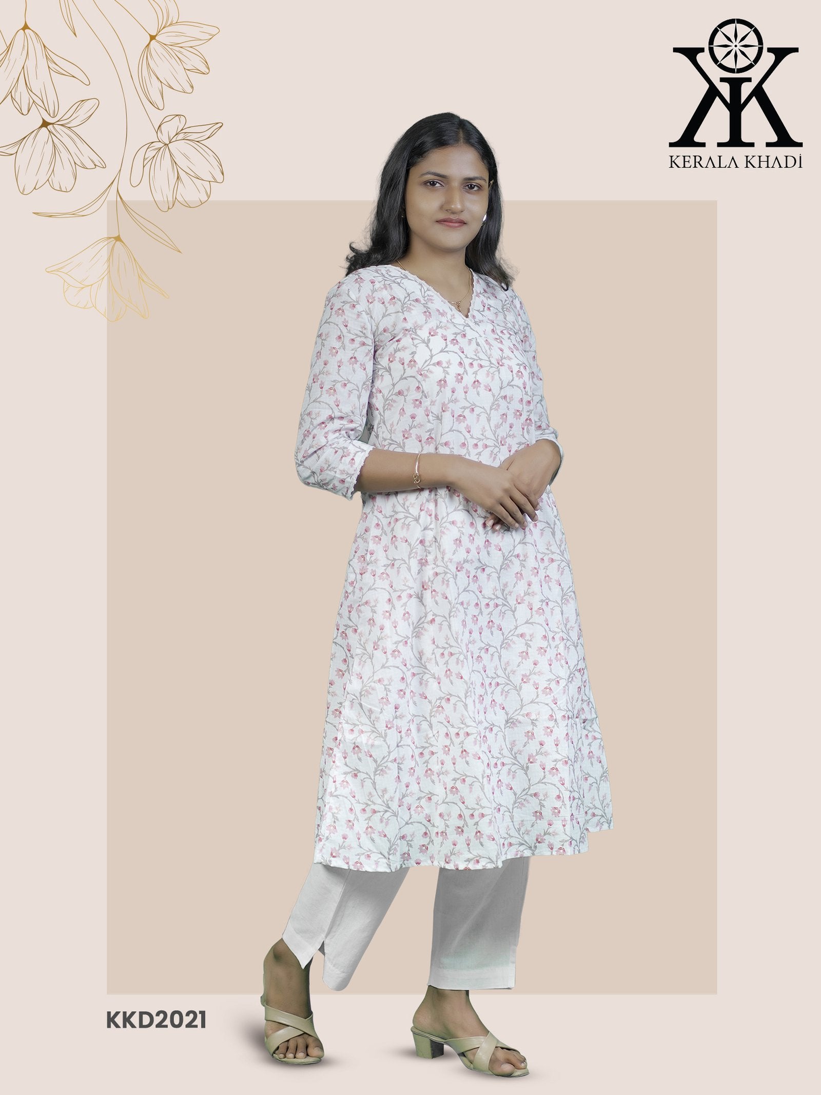 KKD2021 - Floral Print  V Neck Lace pattern White with pink flower A Line Kurthi