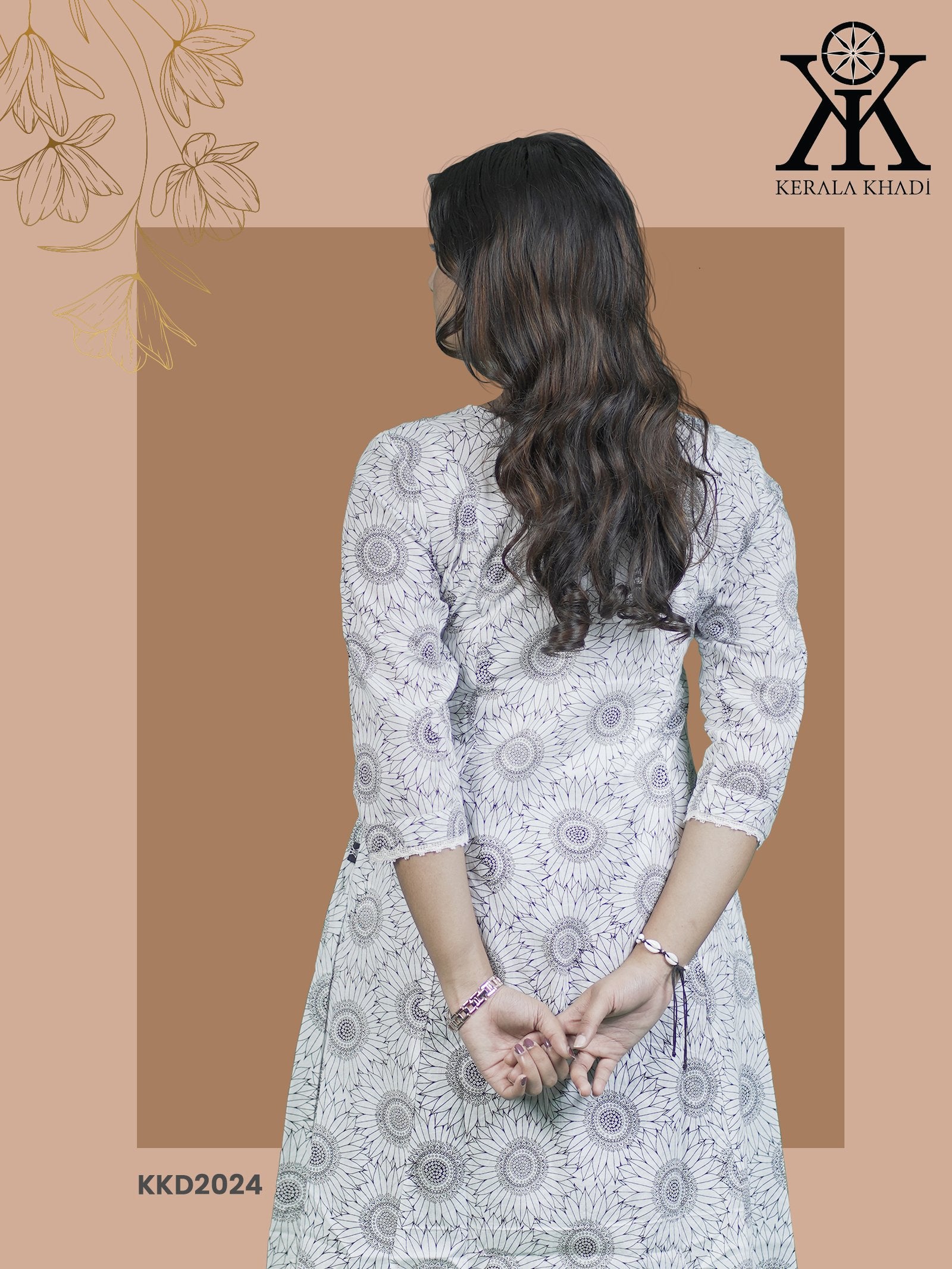 KKD2024 - Floral Print -Sunflower V Neck Lace pattern A Line Pattern White Kurthi