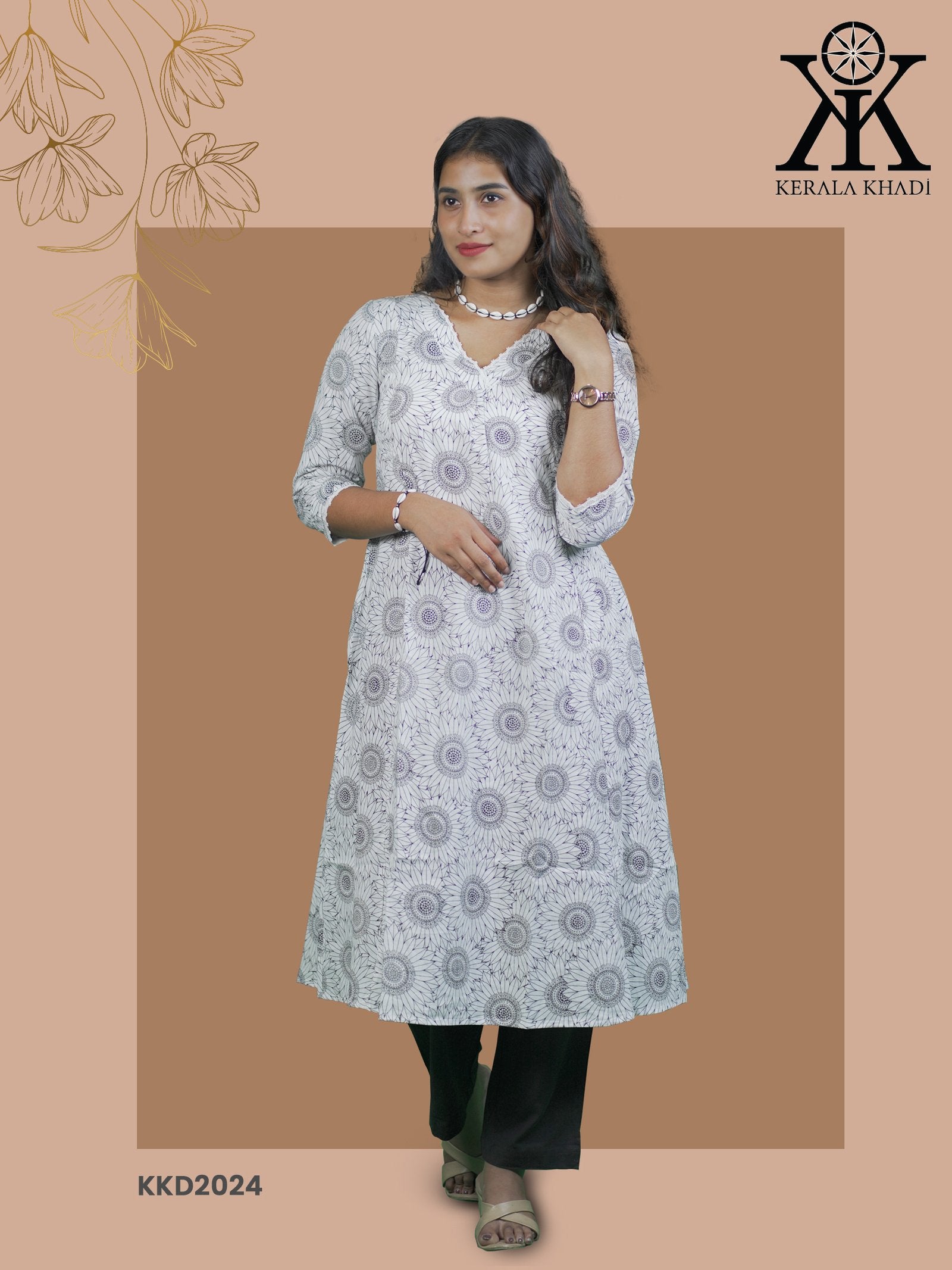 KKD2024 - Floral Print -Sunflower V Neck Lace pattern A Line Pattern White Kurthi