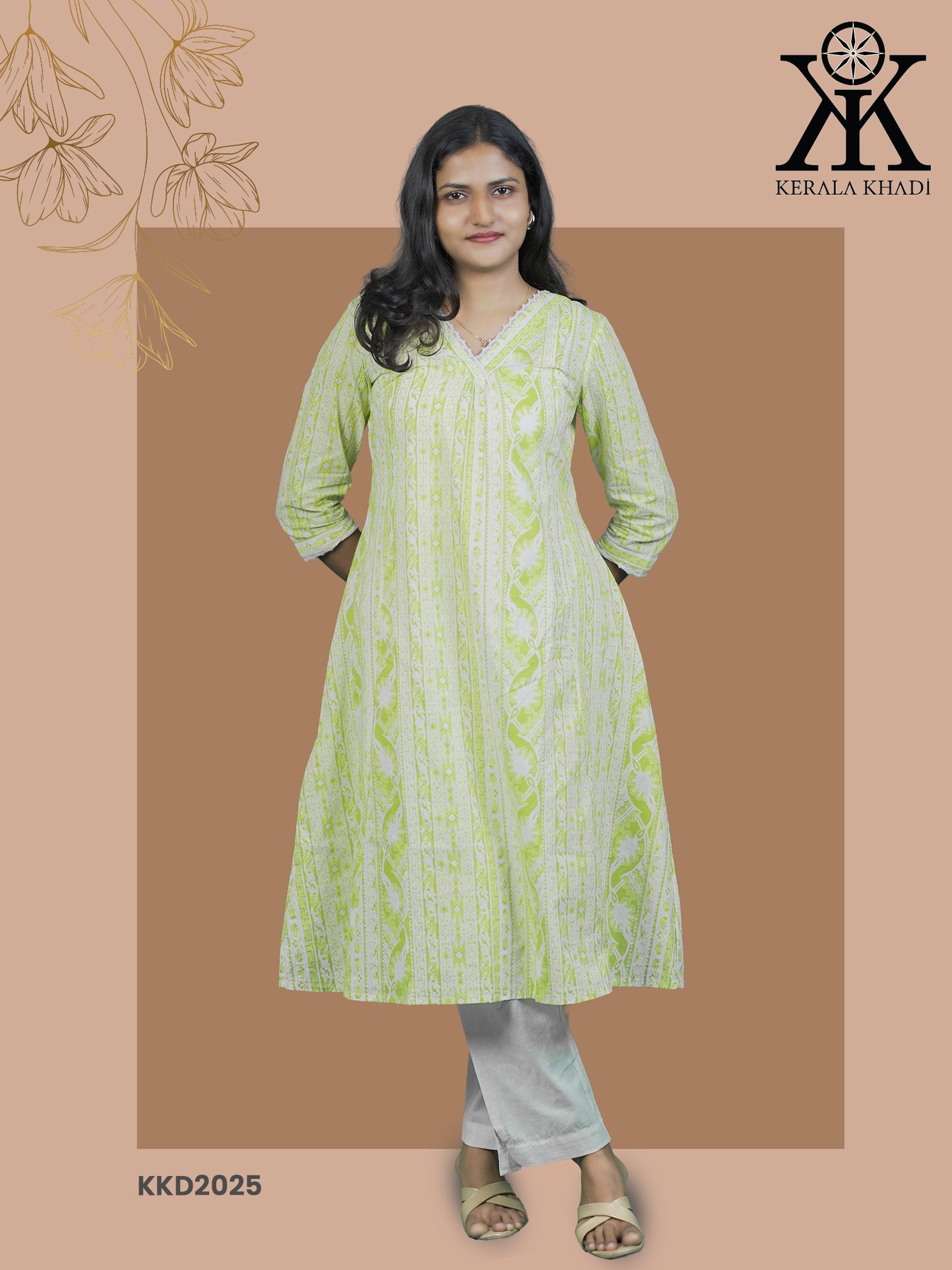KKD2025 - Vertical Design  V Neck Lace pattern A-Line Pattern Lime Green Kurthi