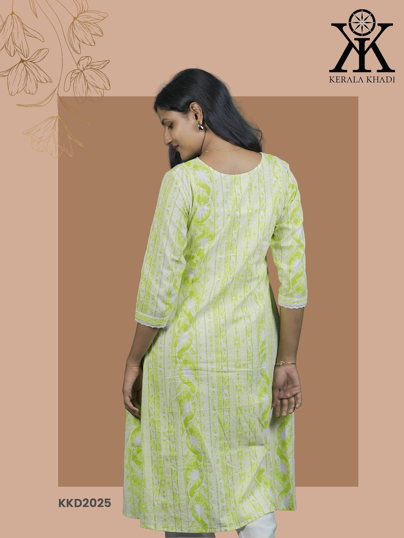 KKD2025 - Vertical Design  V Neck Lace pattern A-Line Pattern Lime Green Kurthi