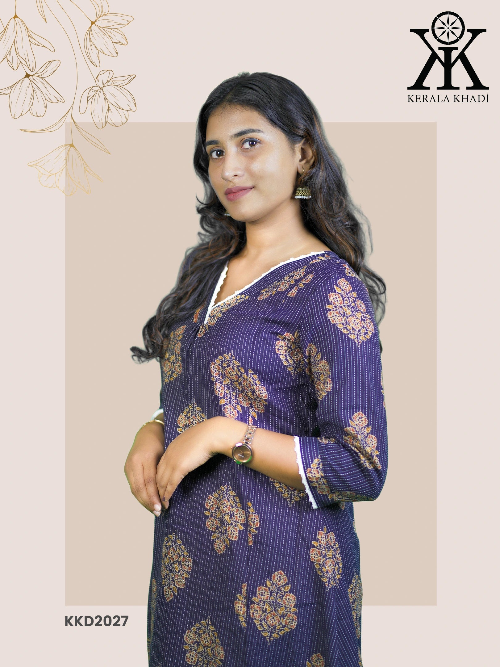 KKD2027 - Kantha Design V Neck with Lace A Line Pattern Kurthi