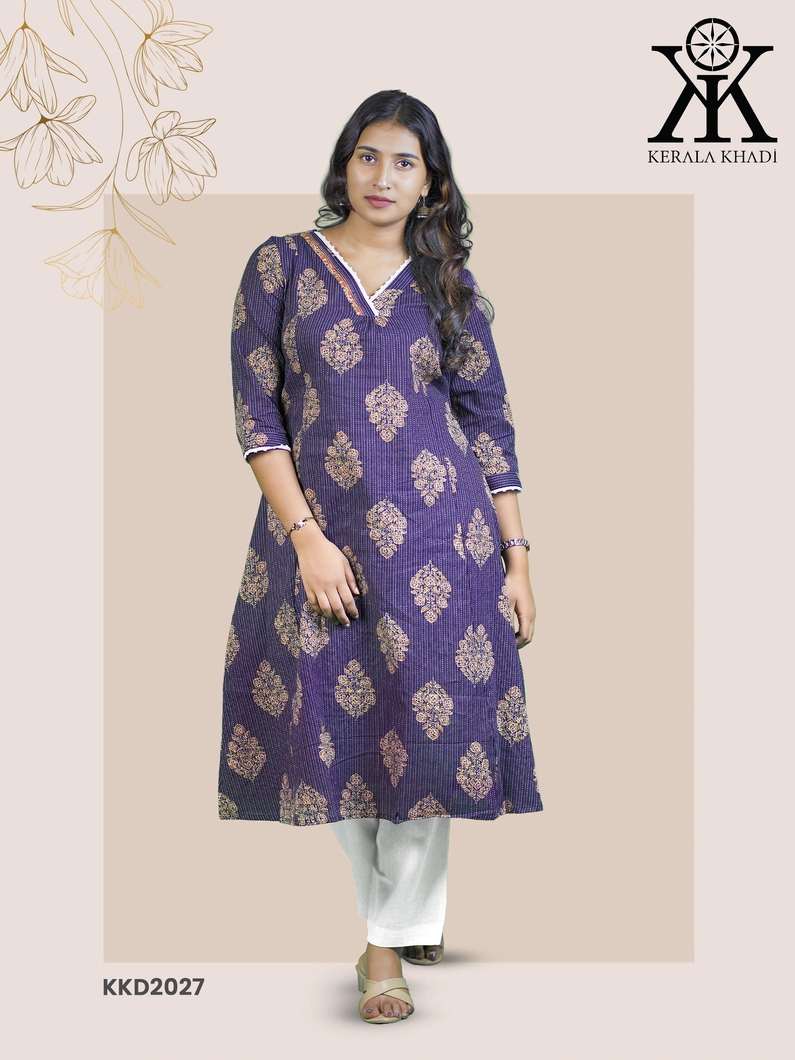 KKD2027 - Kantha Design V Neck with Lace A Line Pattern Kurthi