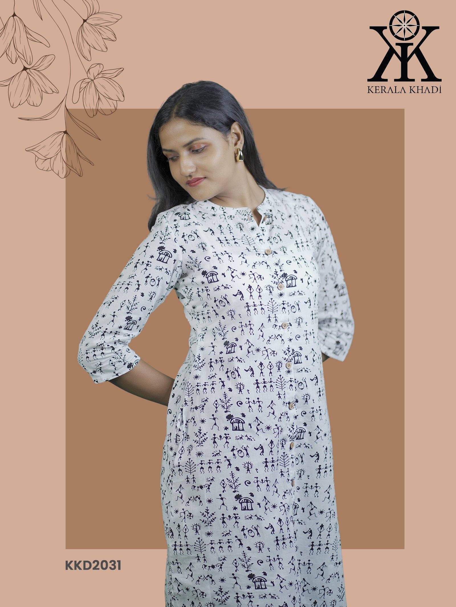 KKD2031 - Varli Print Button Top  With Mandarin Collar Kurthi