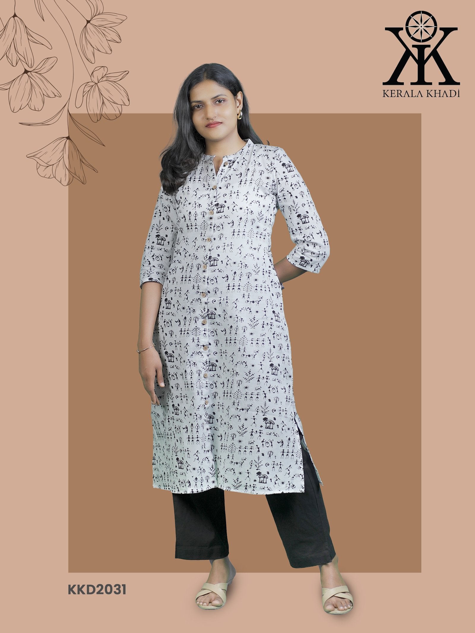 KKD2031 - Varli Print Button Top  With Mandarin Collar Kurthi
