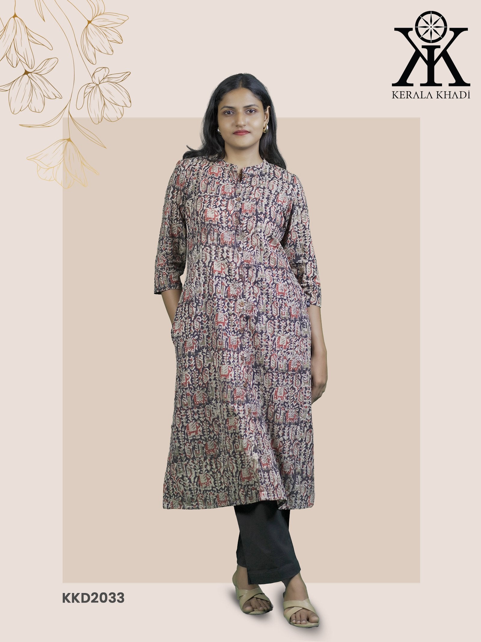 KKD2033 - Kalamkari Button Top Geometrical Print Kurthi