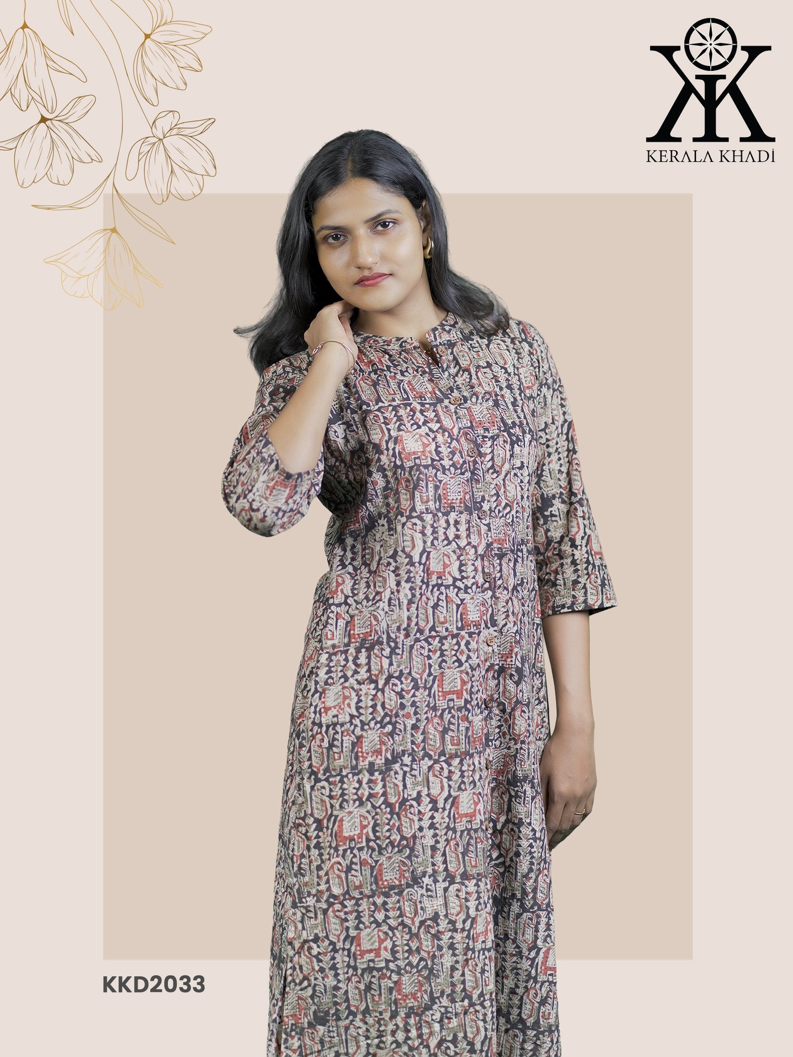 KKD2033 - Kalamkari Button Top Geometrical Print Kurthi