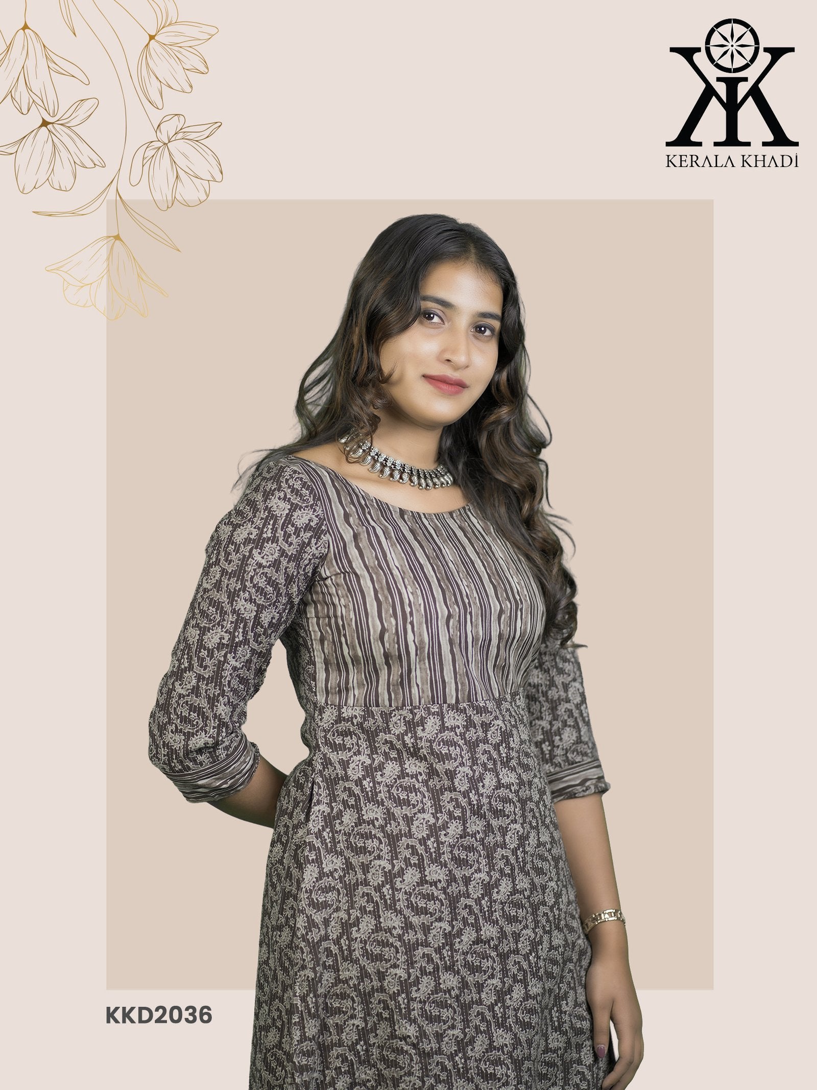 KKD2036 - Brown Line & Kalamkari Print Kurthi