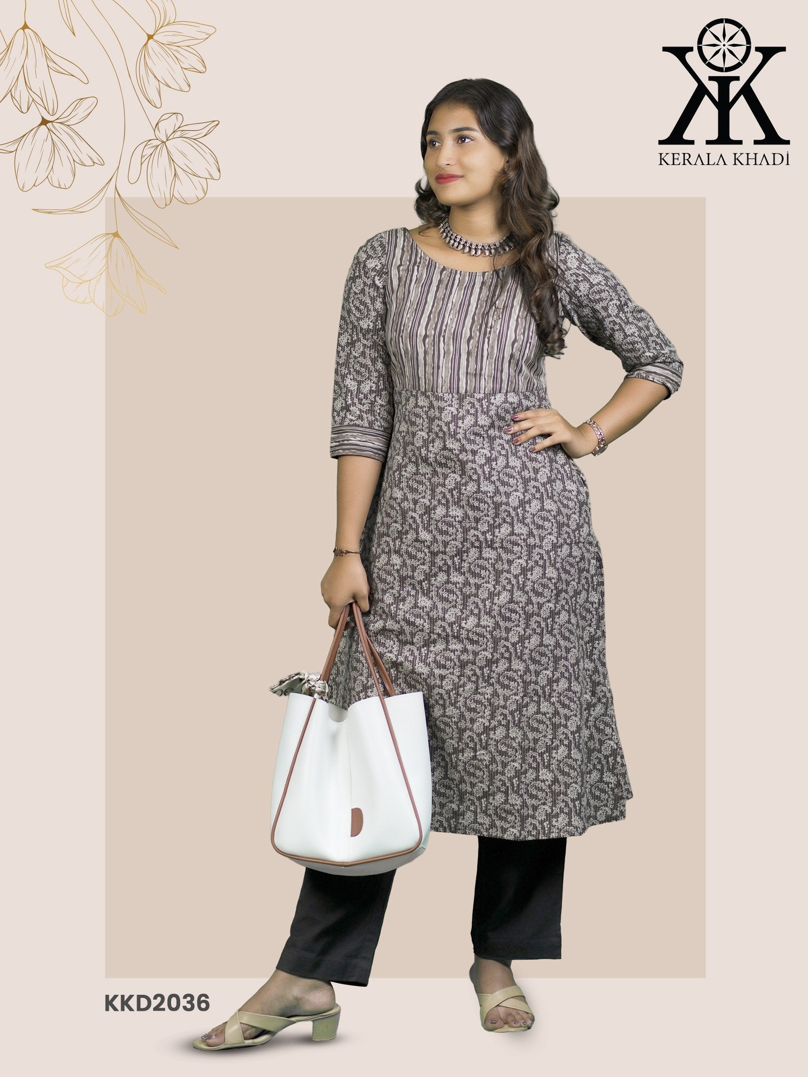 KKD2036 - Brown Line & Kalamkari Print Kurthi