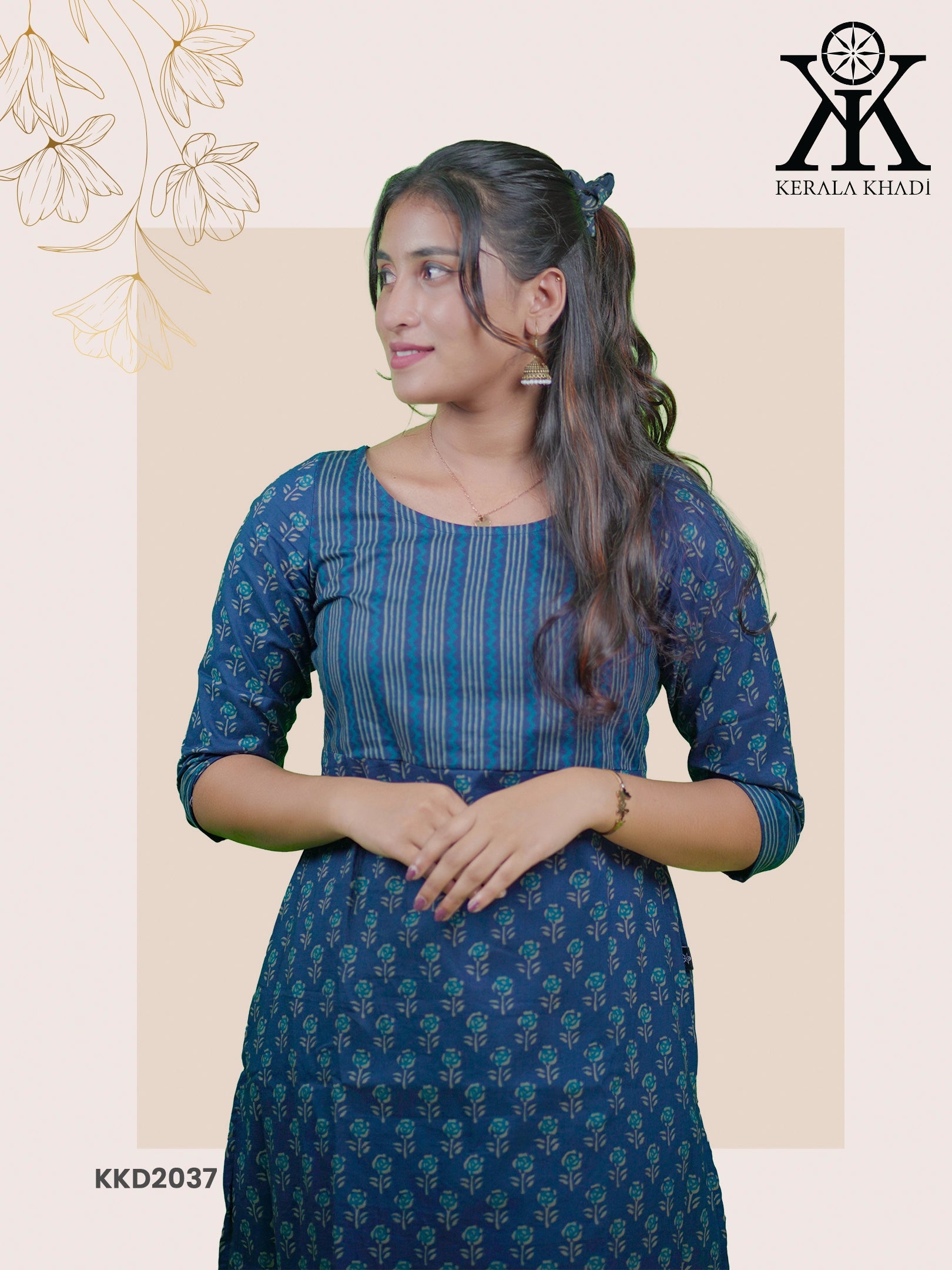 KKD2037 - Jaipur Cotton Indigo Blue Aline Top With Yock Kurthi