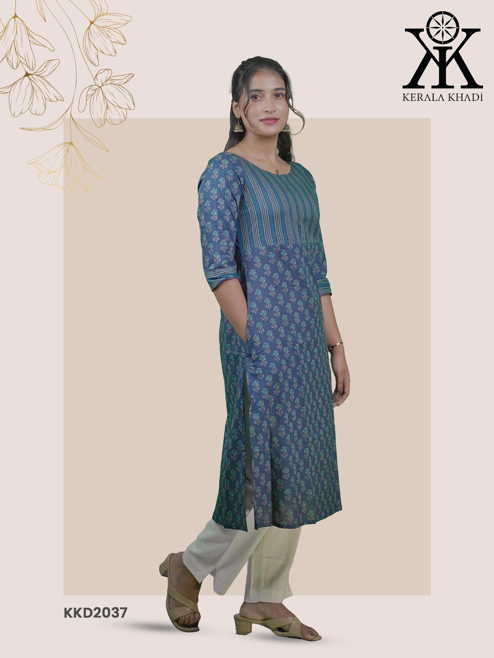 KKD2037 - Jaipur Cotton Indigo Blue Aline Top With Yock Kurthi