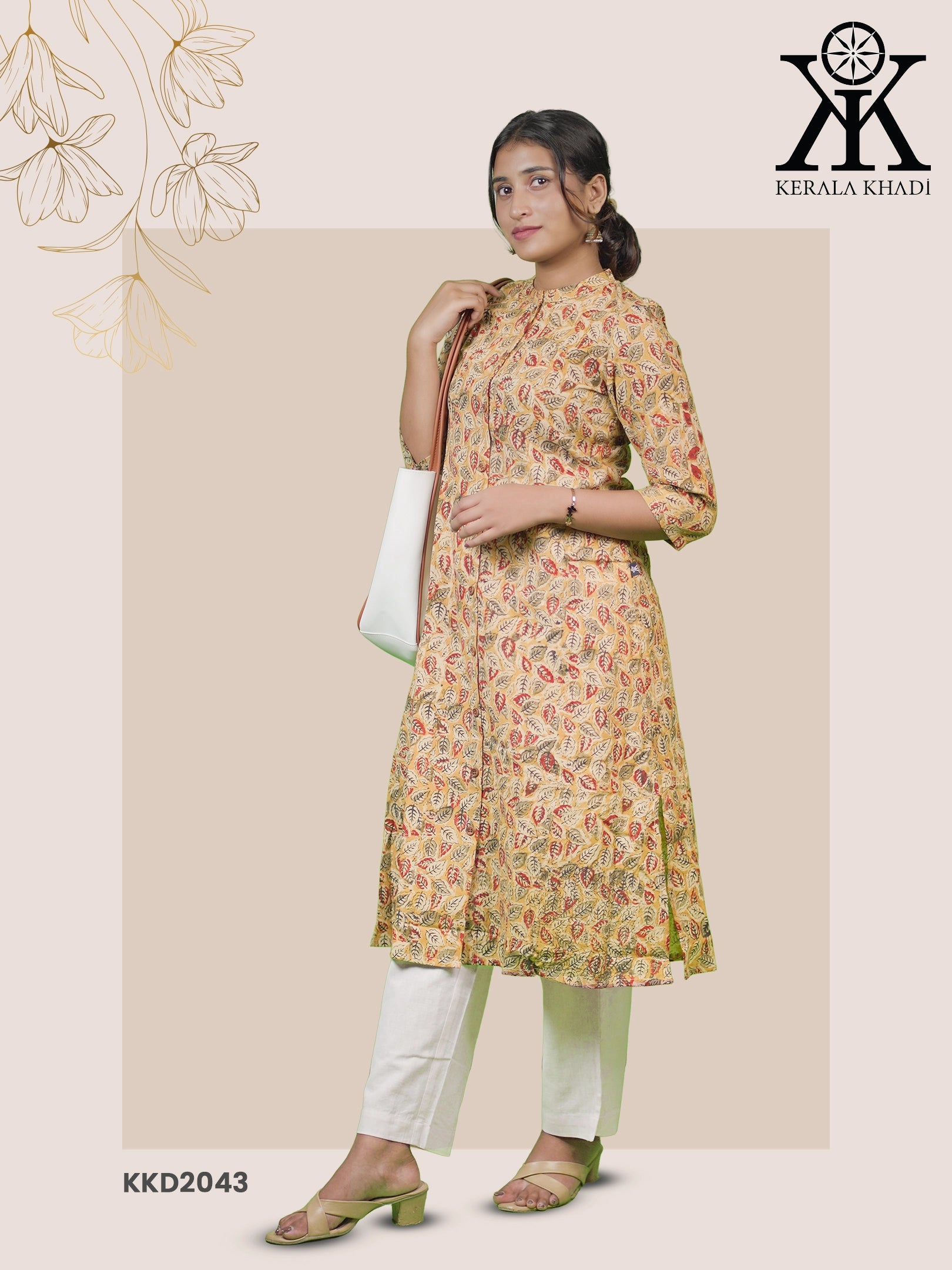 KKD2043 - Kalamkari Leaf Print, Mustard With Olivegreen & Meroon Kurthi