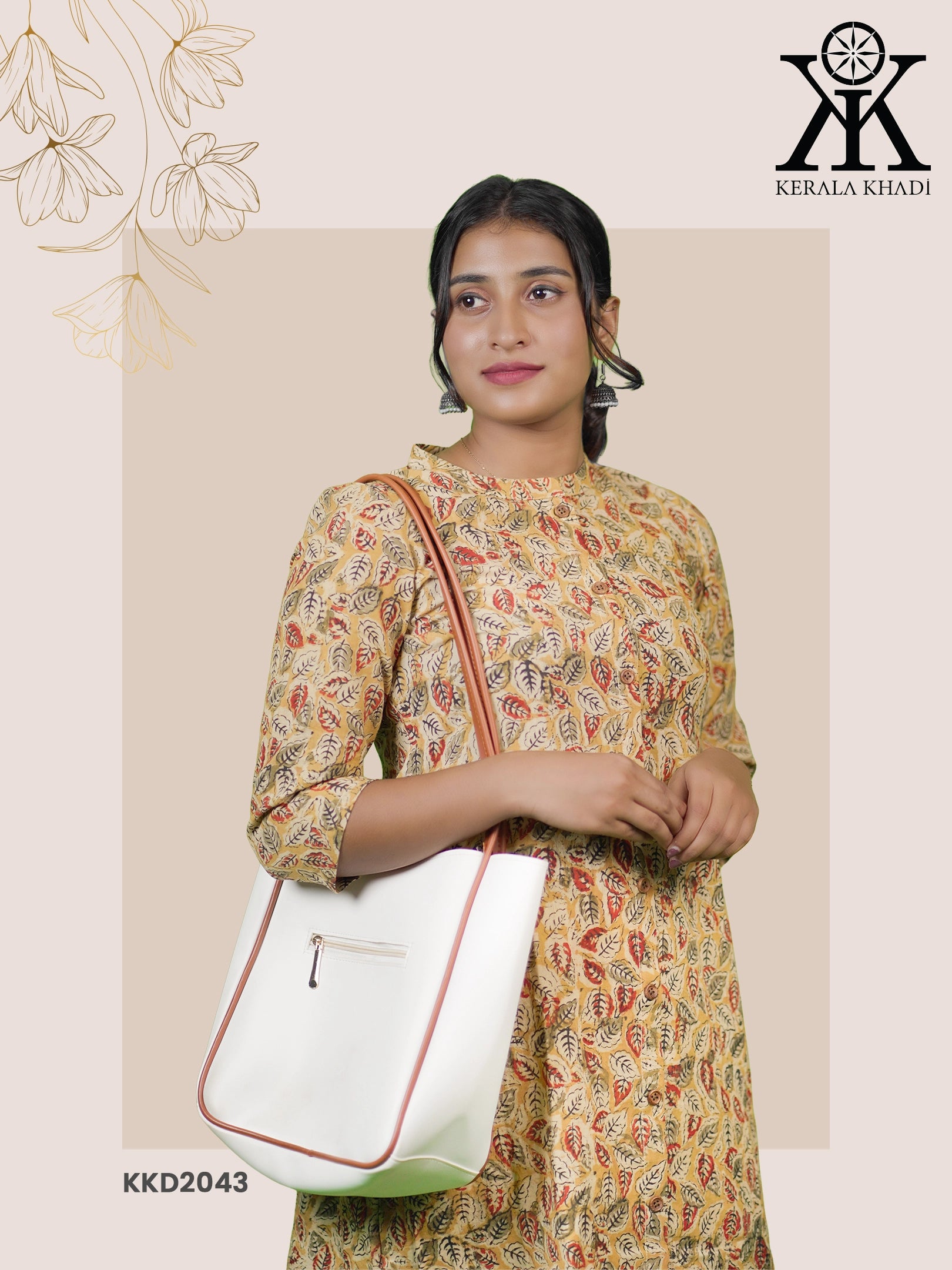 KKD2043 - Kalamkari Leaf Print, Mustard With Olivegreen & Meroon Kurthi