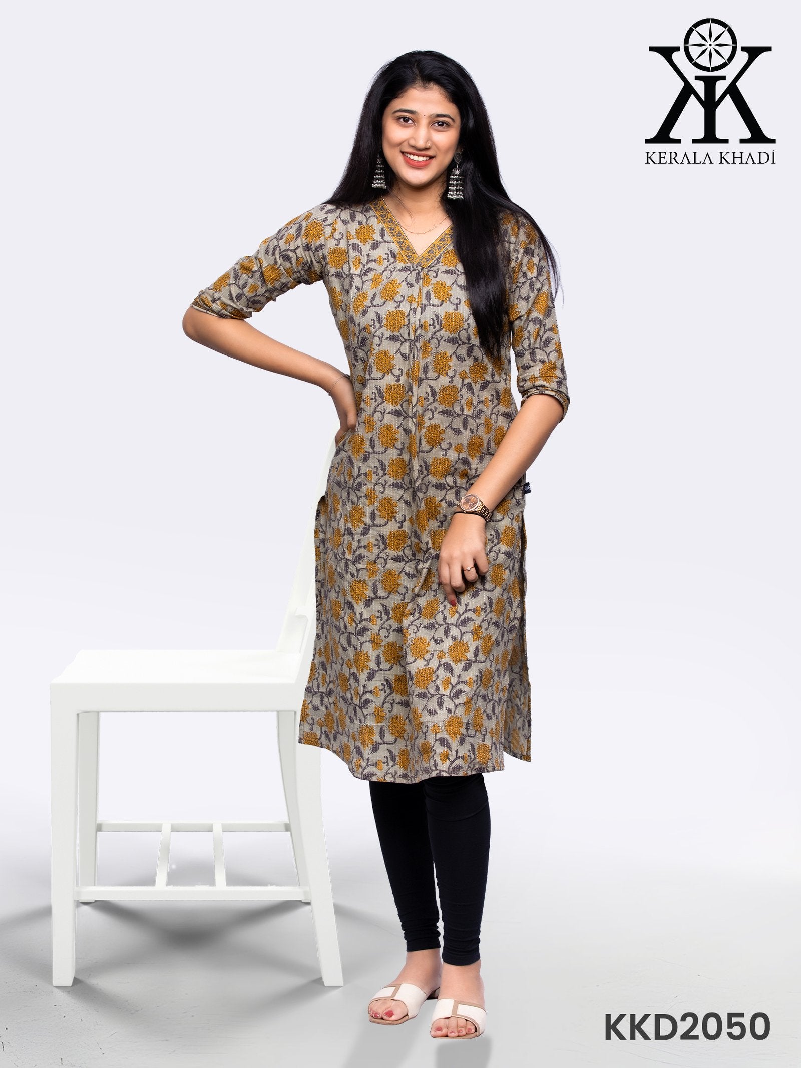KKD2050 - V neck Top Jaipur cotton  flower print Yellow Kurthi