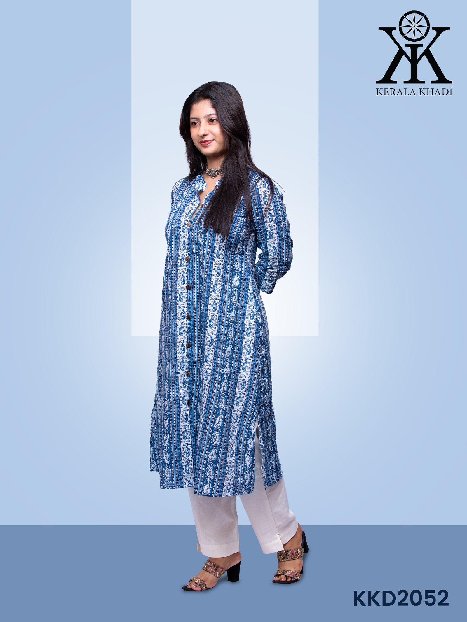 KKD2052 - Blue and white line print Top Kurthi