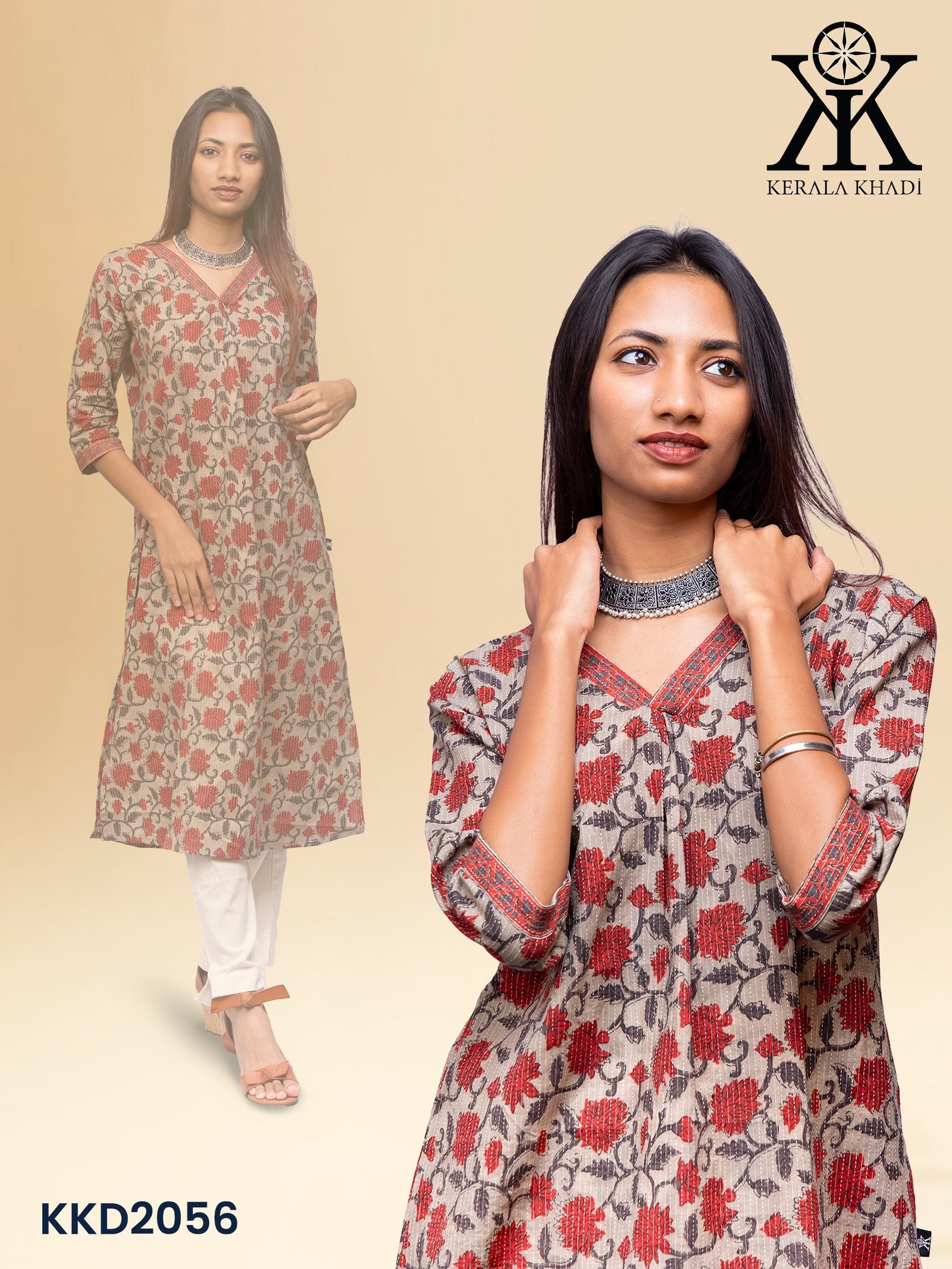 KKD2056 - V neck Jaipur cotton  flower print RED Top Kurthi