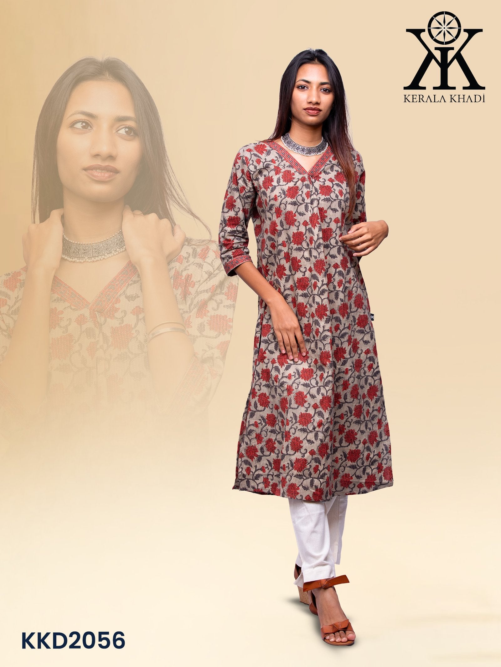 KKD2056 - V neck Jaipur cotton  flower print RED Top Kurthi