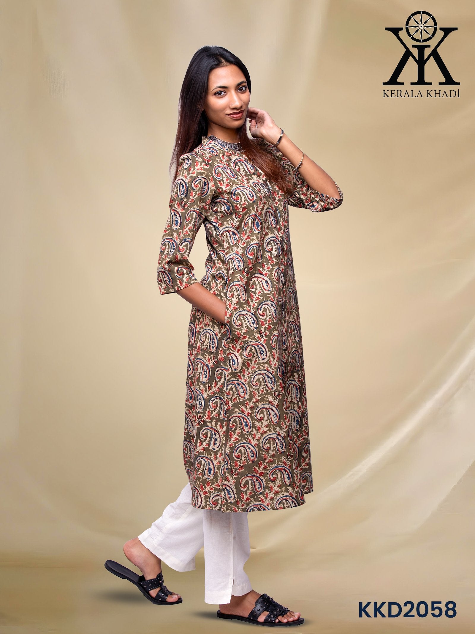 KKD2058 - Kalamkari green mango print Top Kurthi