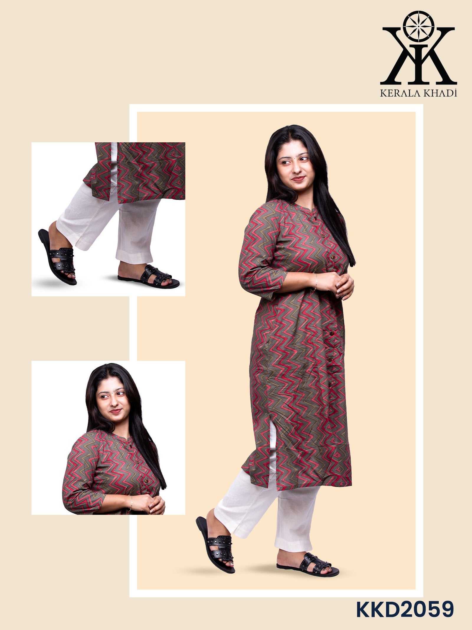 KKD2059 - Pink and  gray zig-zag Top Kurthi