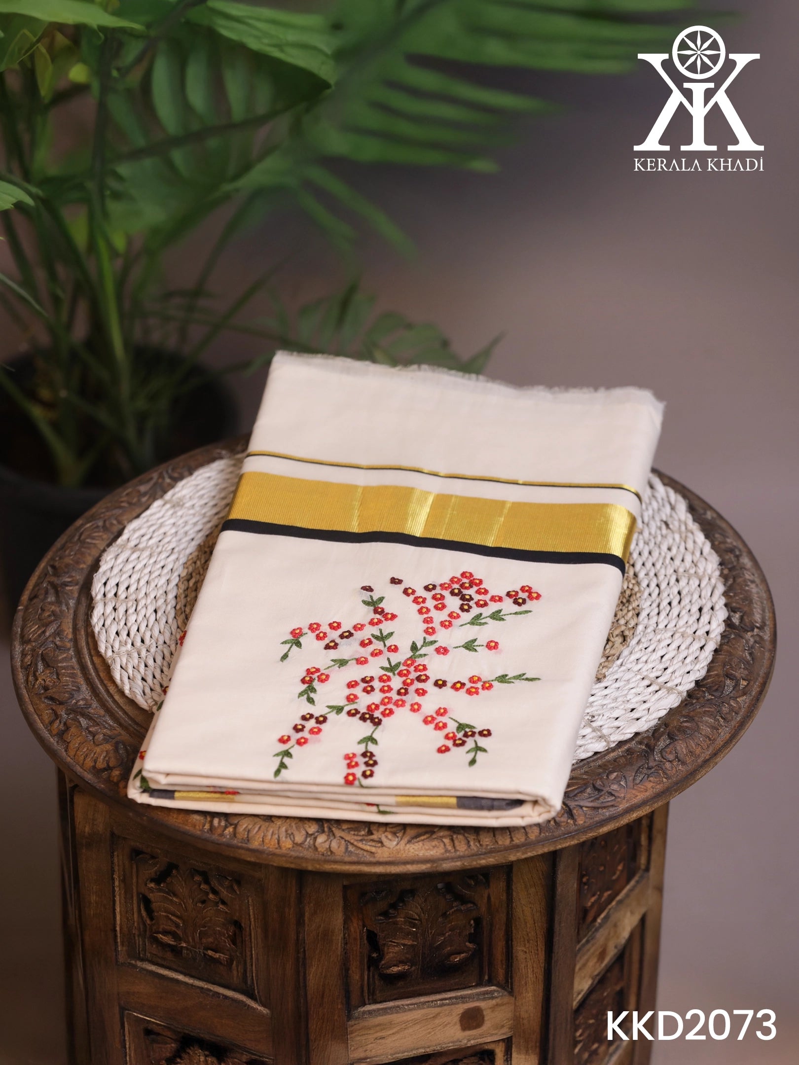 KKD2073 - French Knot Flowers- Black Border Handloom Saree