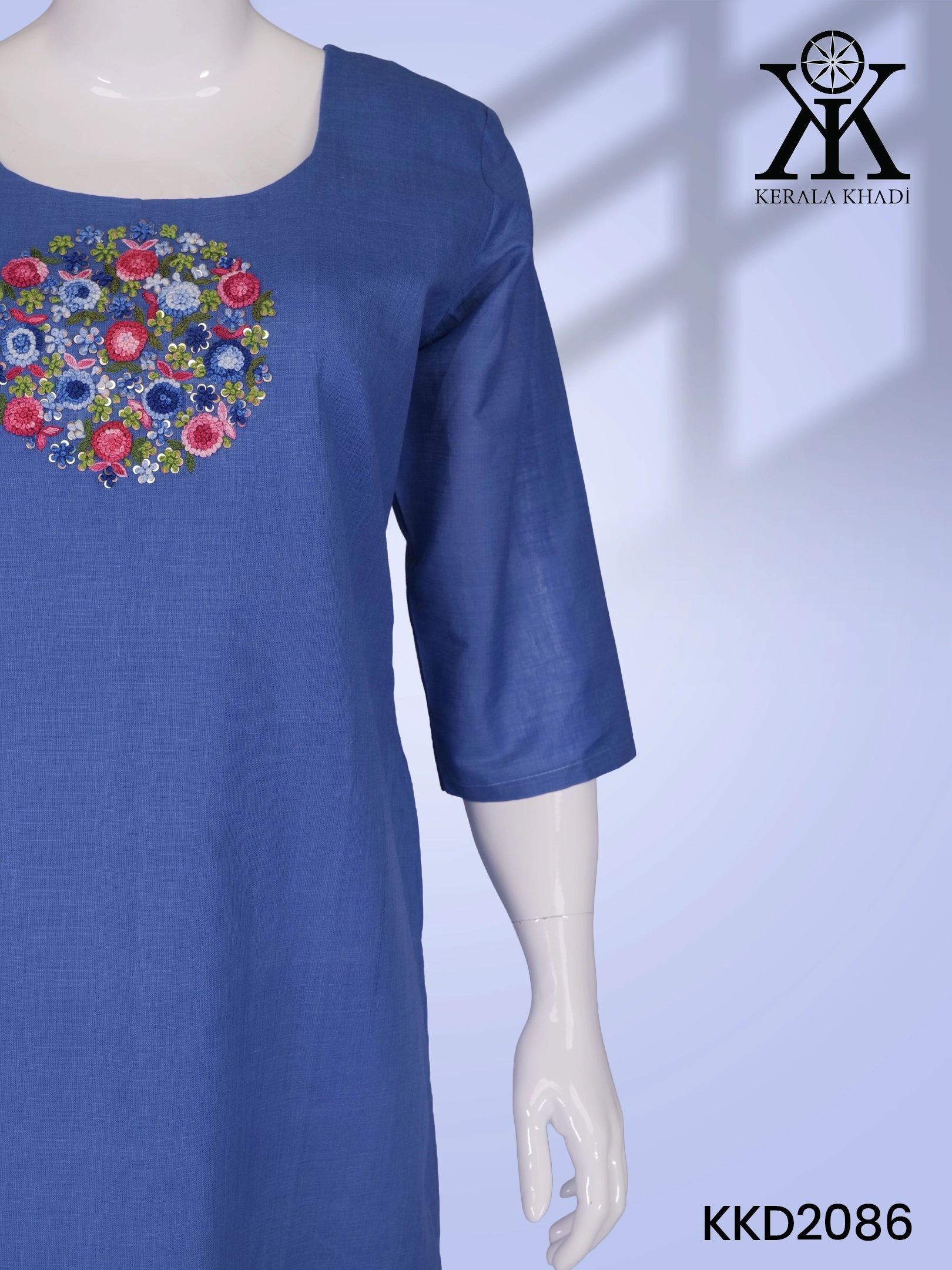 KKD2086 - Handwork Round Design Blue Khadi Kurta