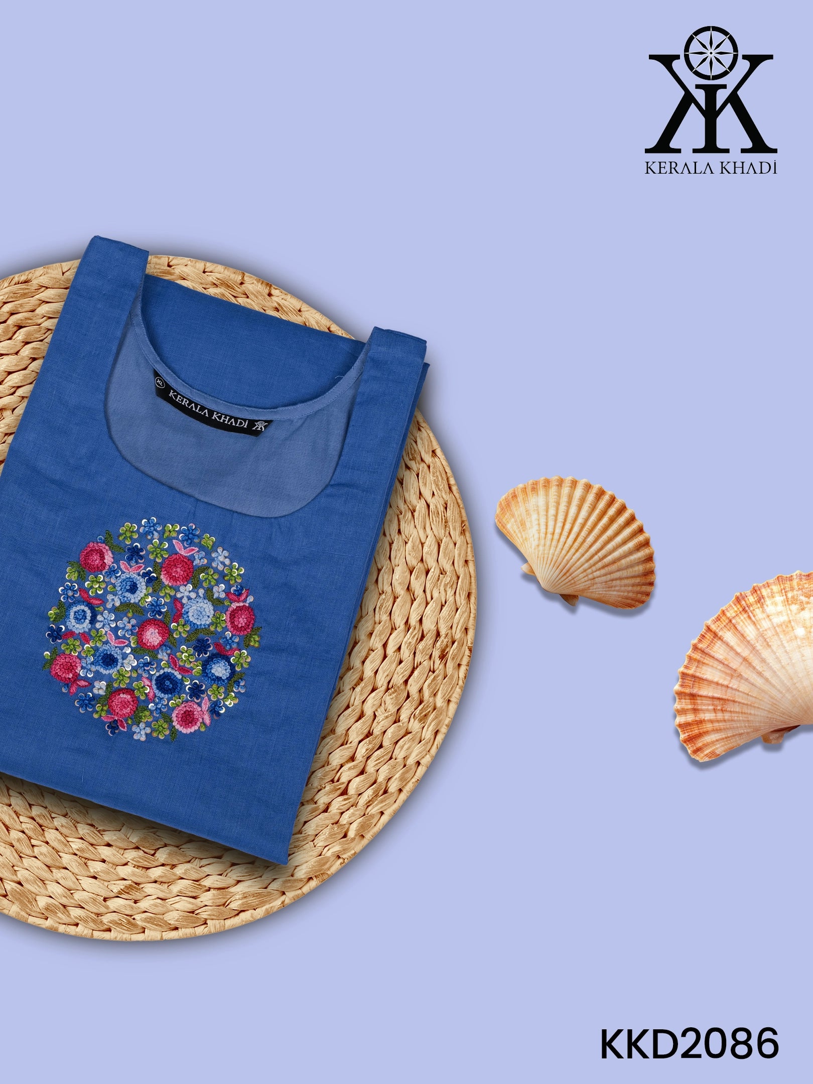 KKD2086 - Handwork Round Design Blue Khadi Kurta