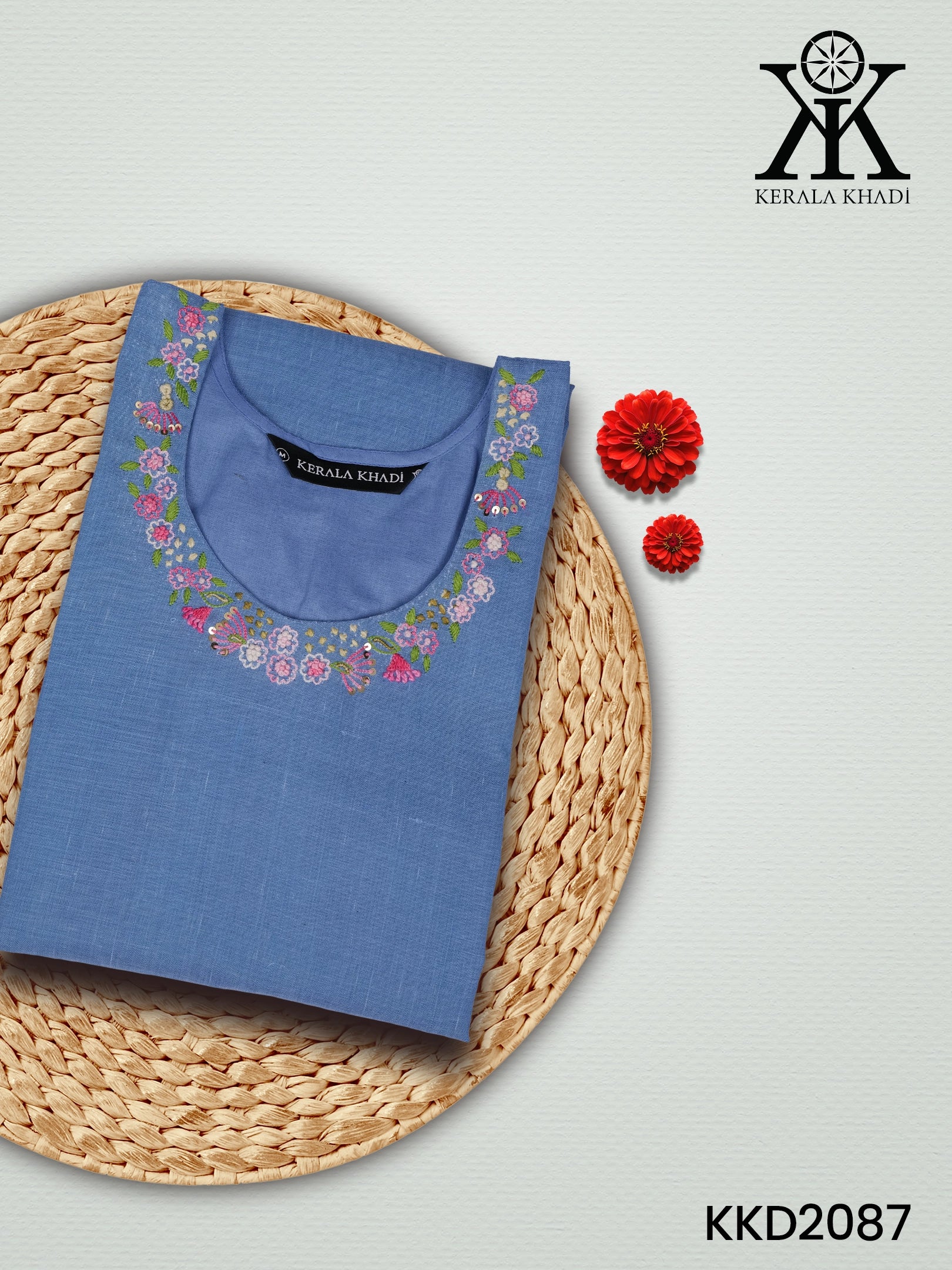 KKD2087 - Handwork U Neck Design Blue Khadi Kurta