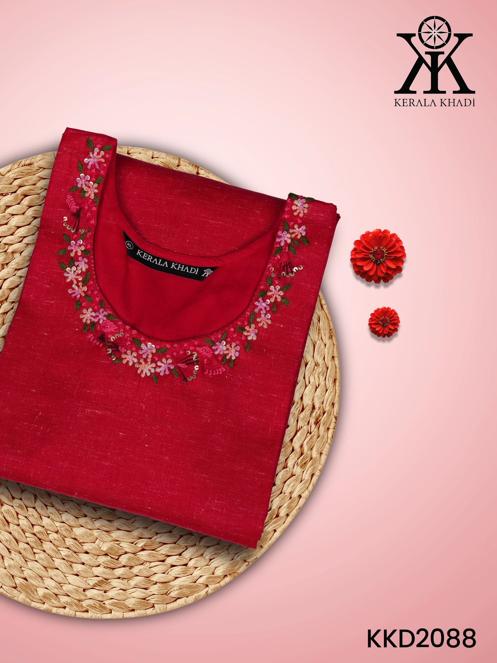 KKD2088 - Handwork Round Neck Red Khadi Kurta