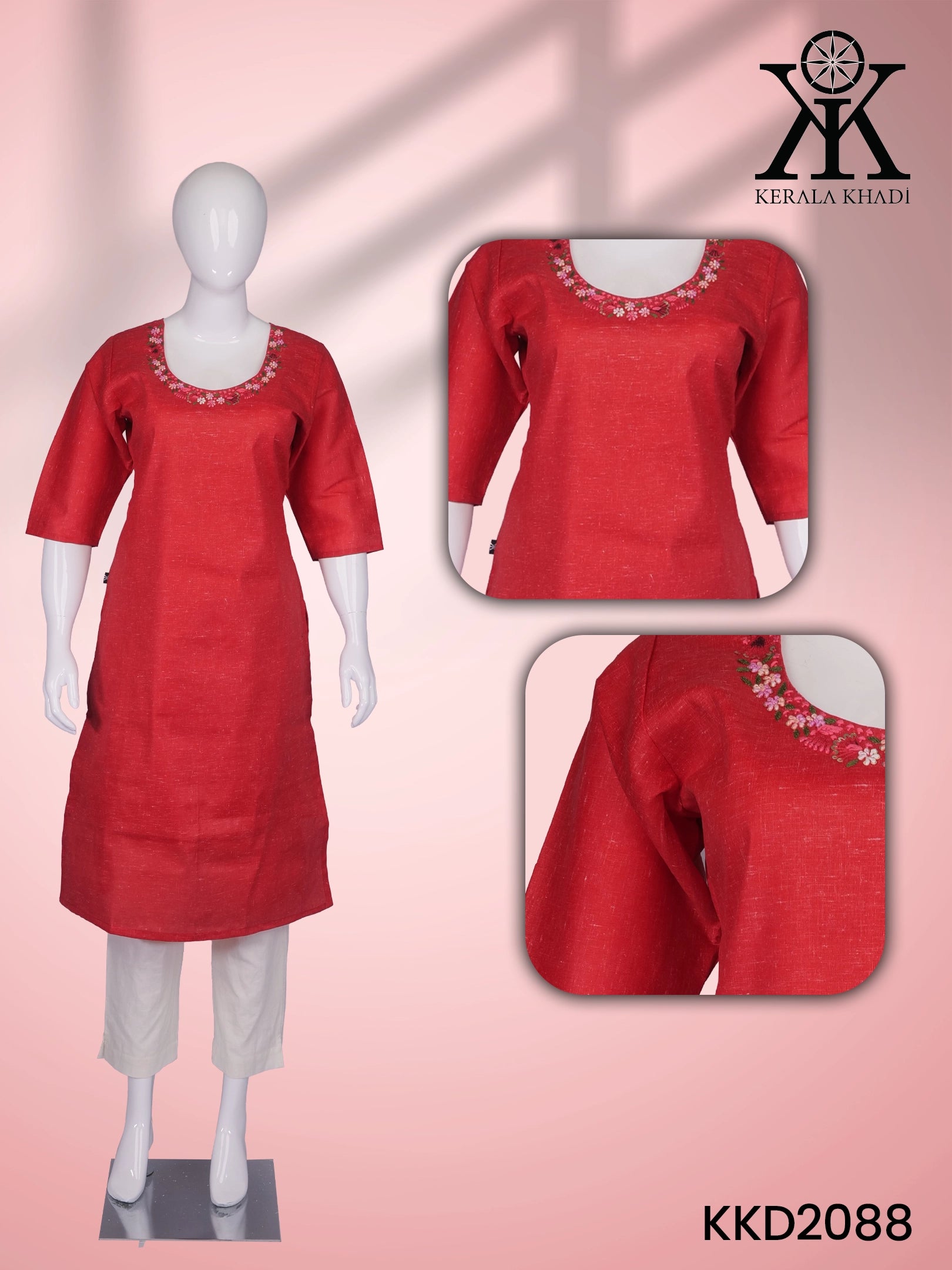 KKD2088 - Handwork Round Neck Red Khadi Kurta