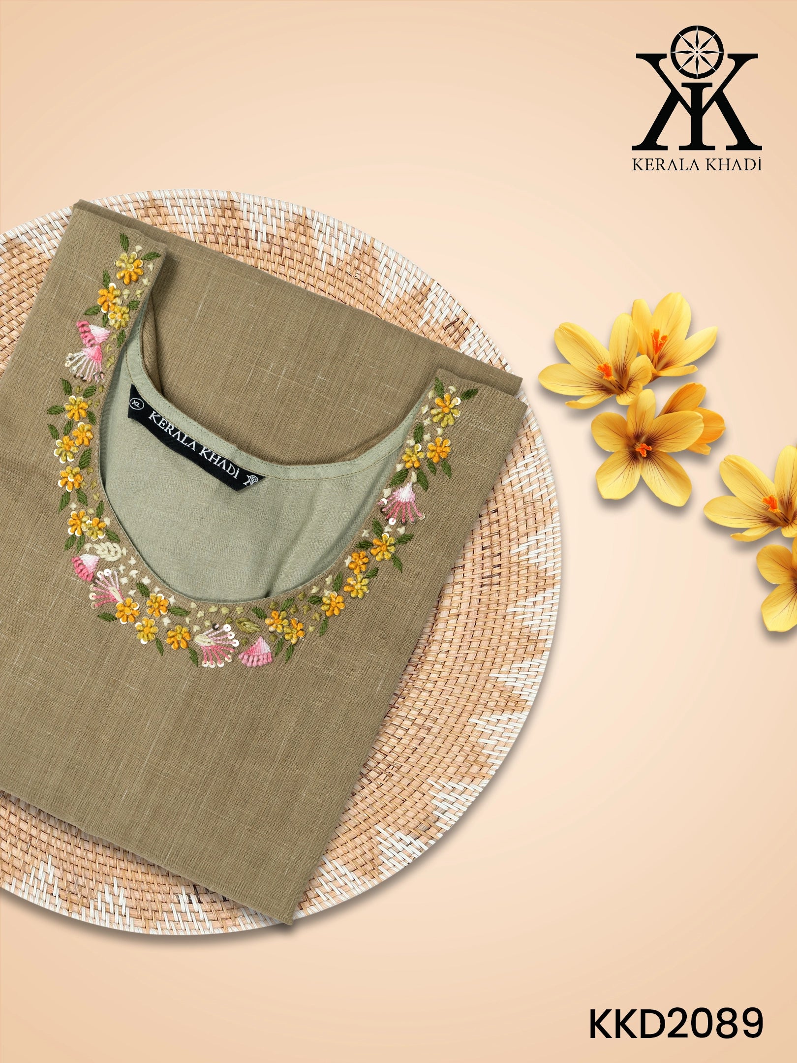 KKD2089 - Handwork Round Neck Olive Green Khadi Kurta