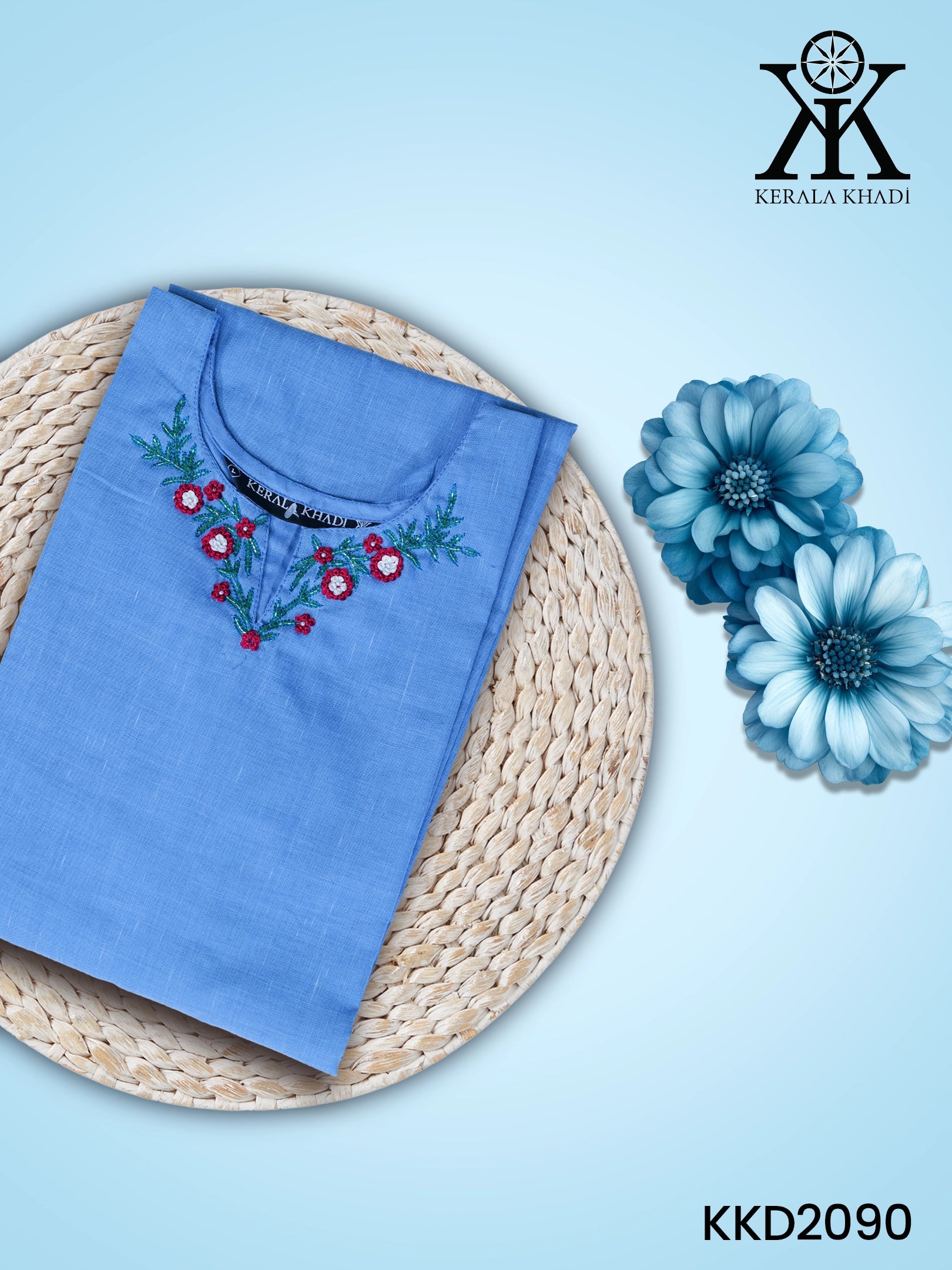 KKD2090 - Handwork Khadi V Neck Blue Kurta