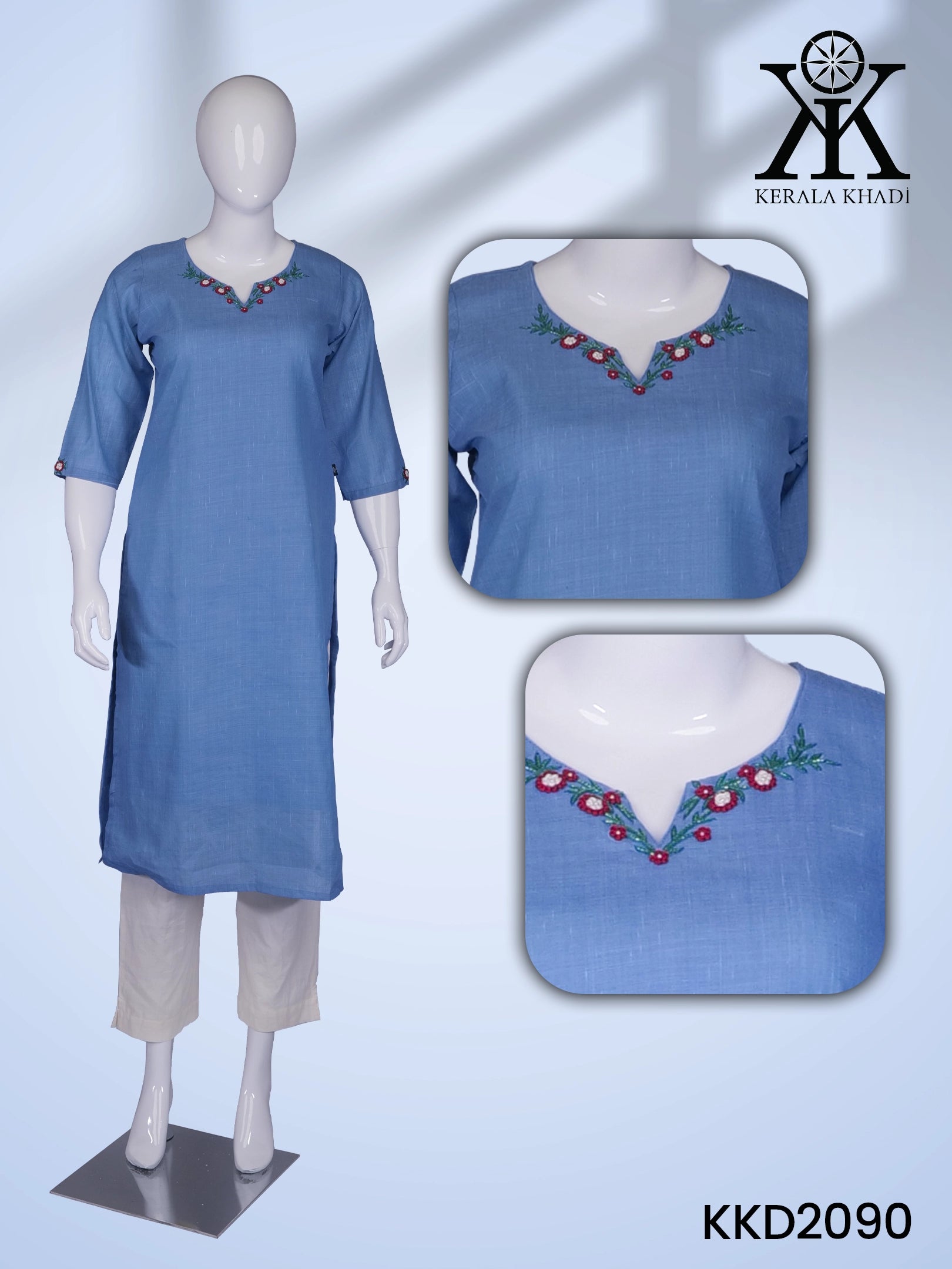KKD2090 - Handwork Khadi V Neck Blue Kurta