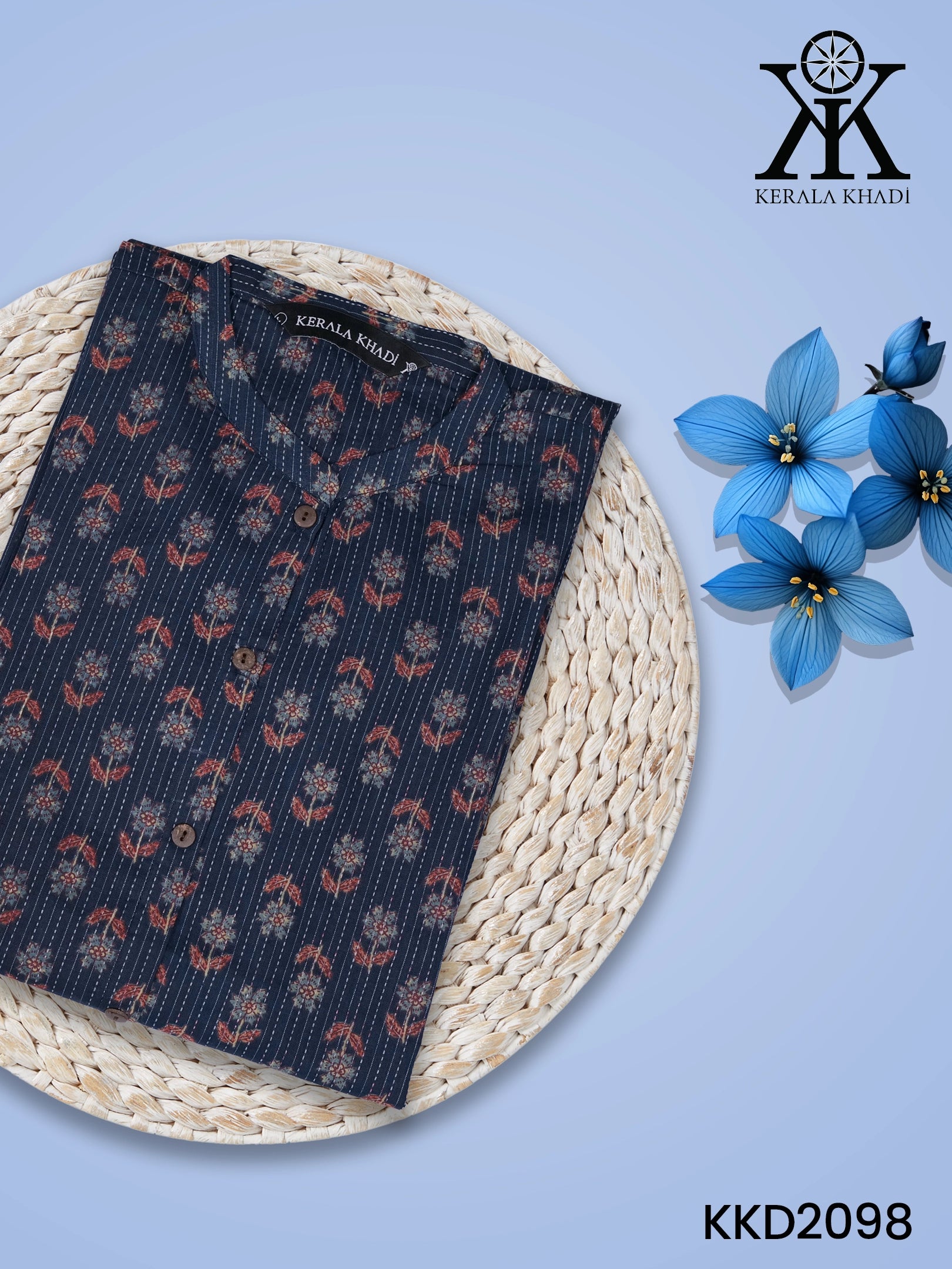 KKD2098 - Chinese collar blue flower design kurta