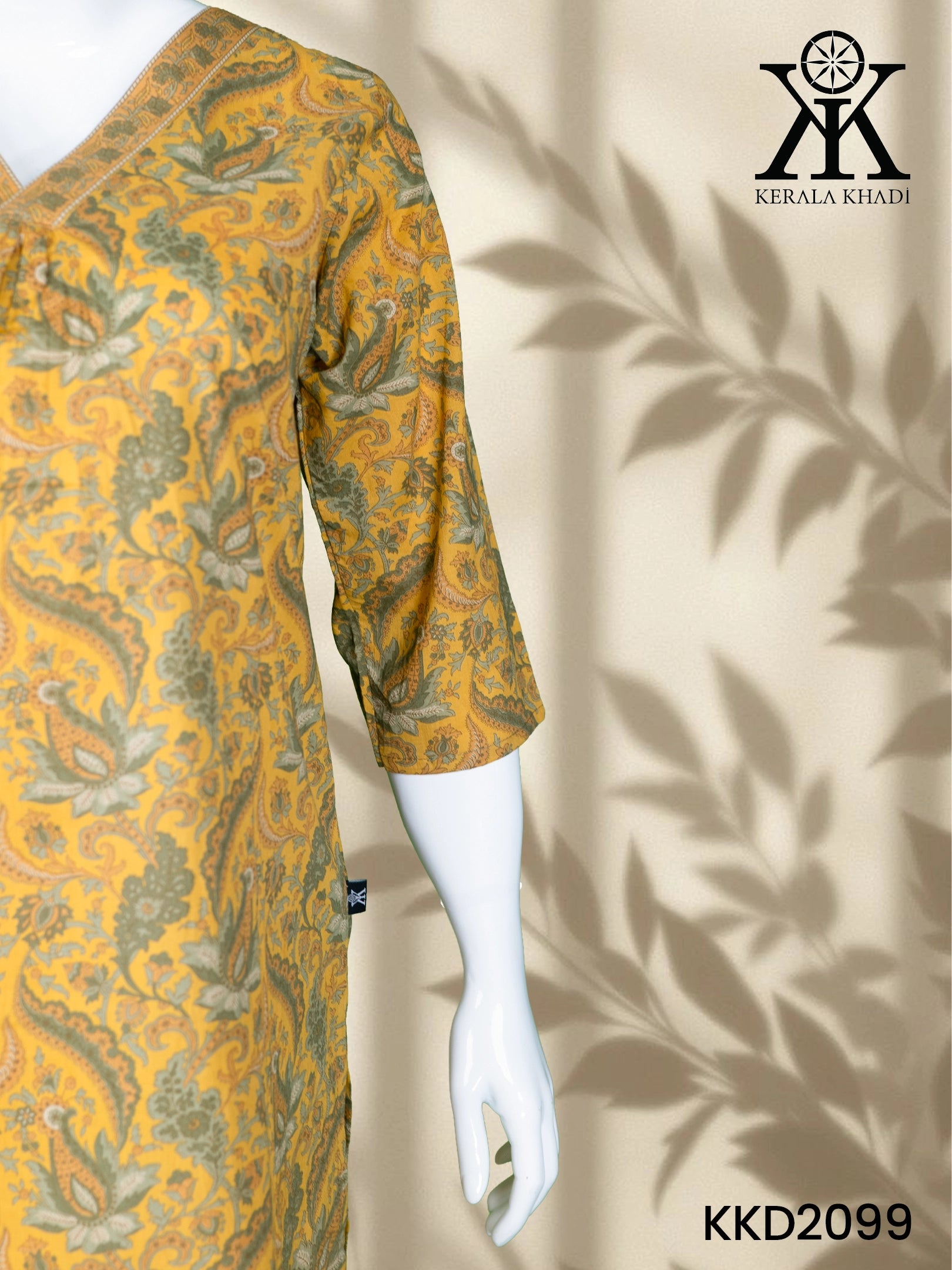 KKD2099 - V neck Yellow flower and leaf design kurta