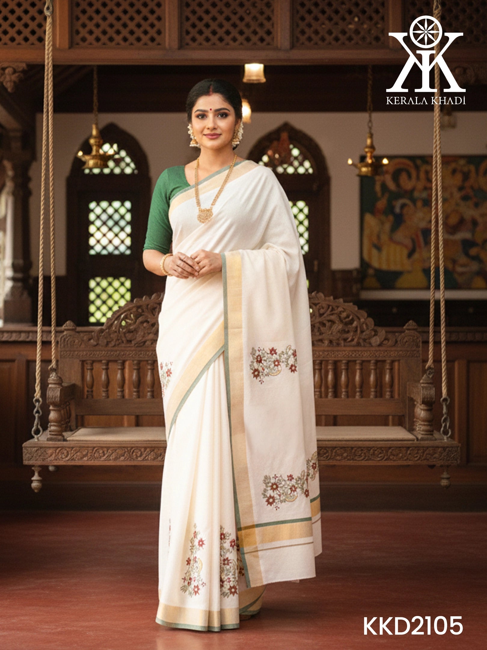 KKD2105 - green & golden border with hand work saree