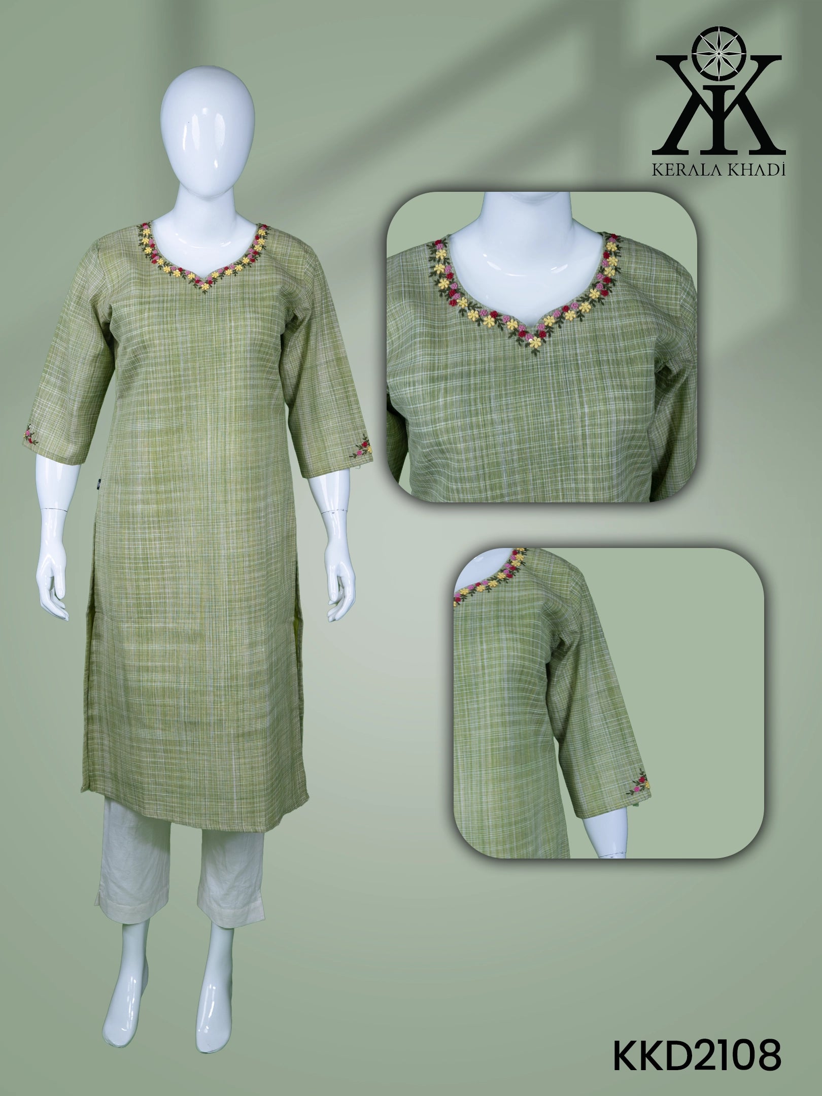 KKD2108 - Neck & Sleeve Hand Embroidery – Green