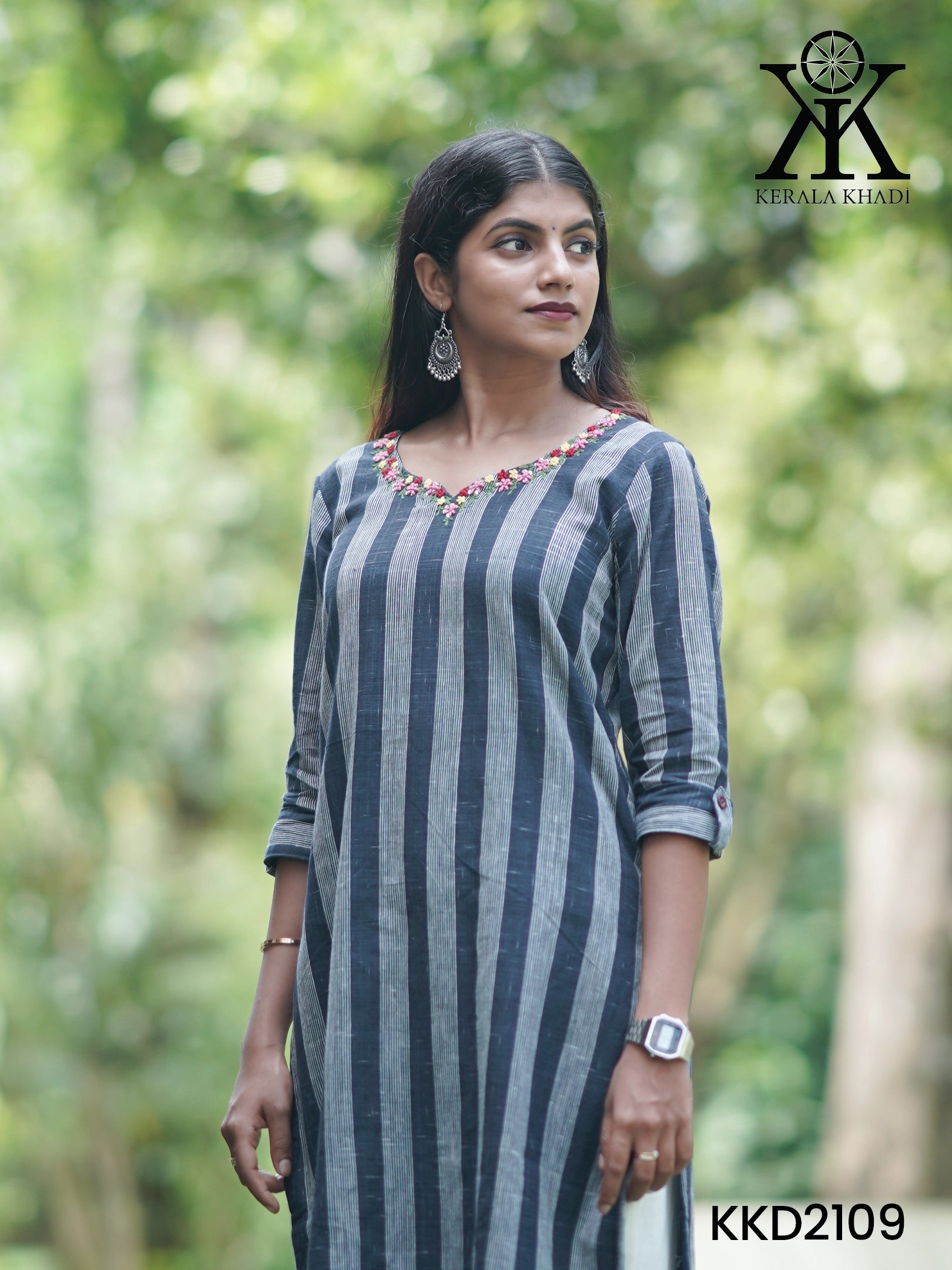 KKD2109 - Neck Hand Embroidery Sleeve Flap With Button – Navy Blue Stripes