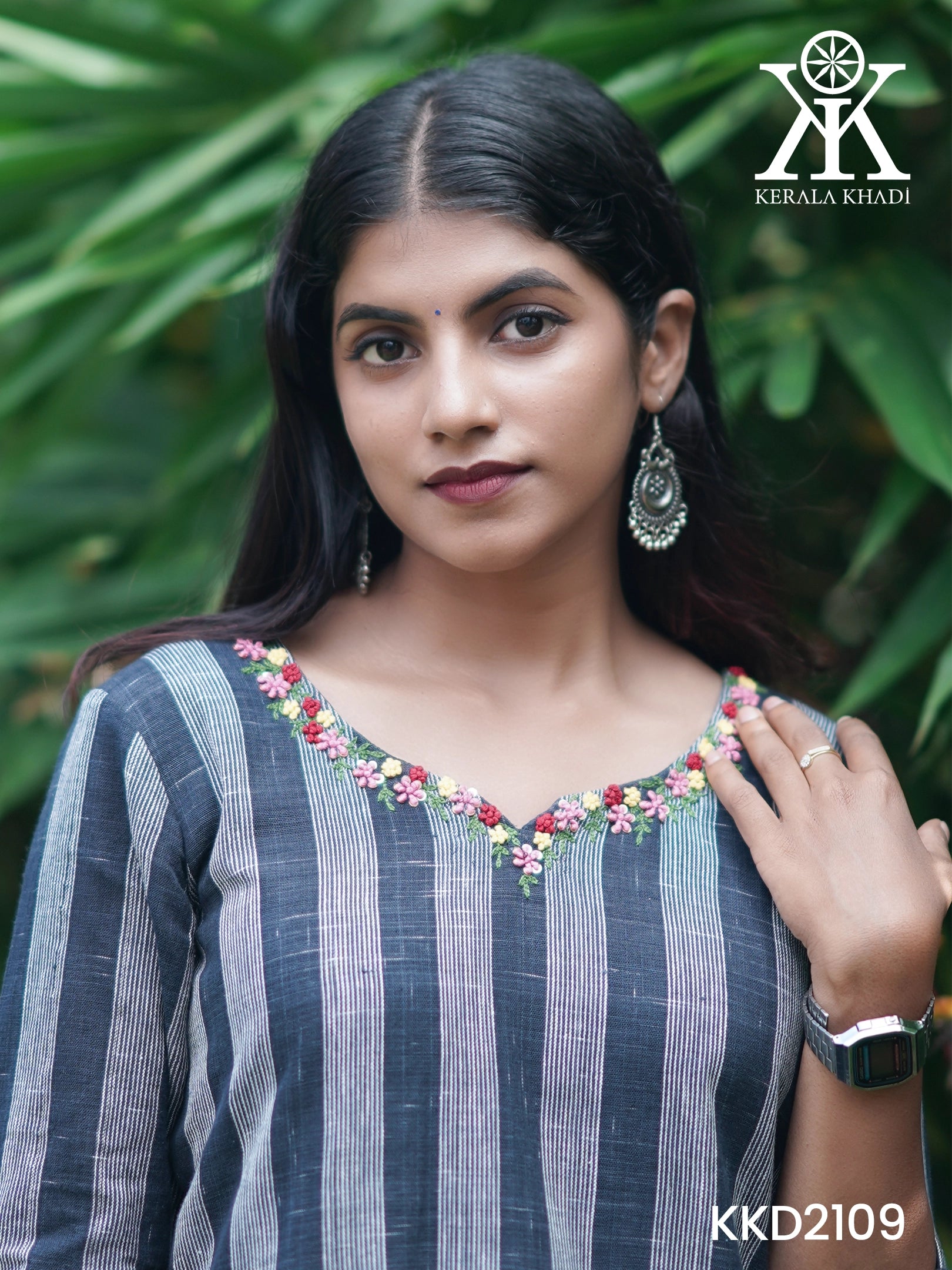 KKD2109 - Neck Hand Embroidery Sleeve Flap With Button – Navy Blue Stripes