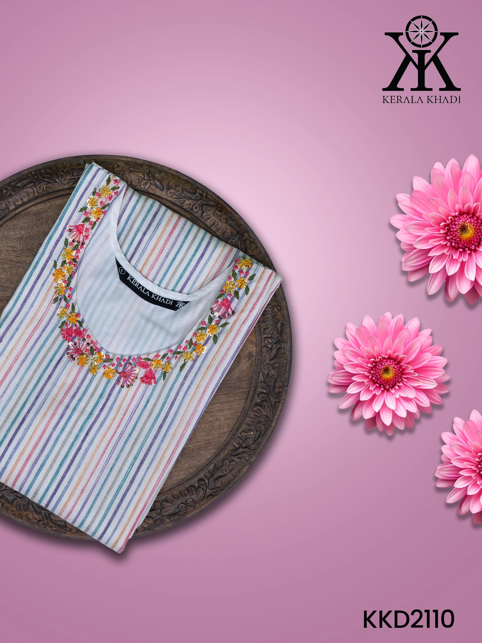 KKD2110 - Neck Hand Embroidery Sleeve Flap With Button – Multicolour Small Stripes