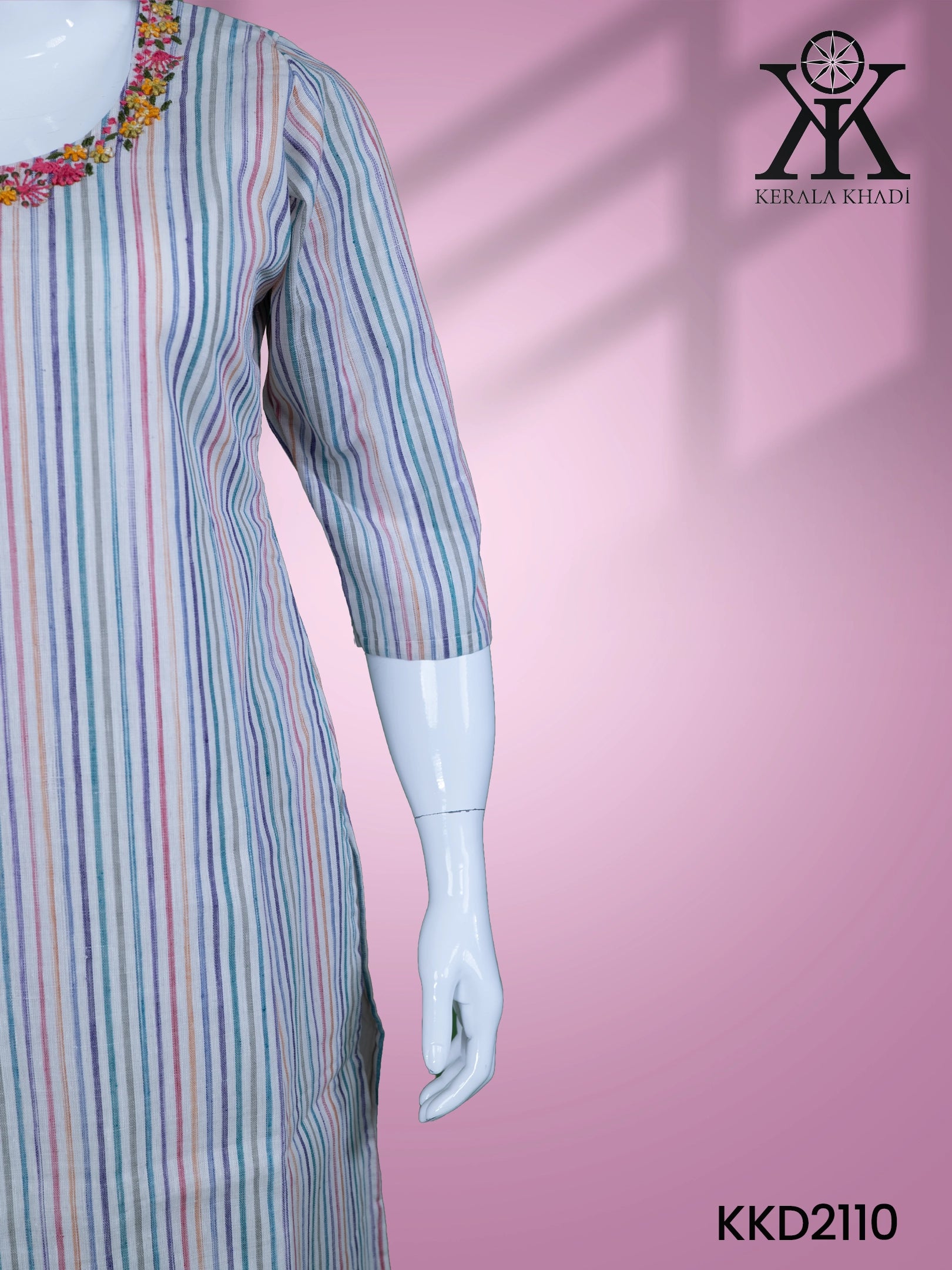 KKD2110 - Neck Hand Embroidery Sleeve Flap With Button – Multicolour Small Stripes