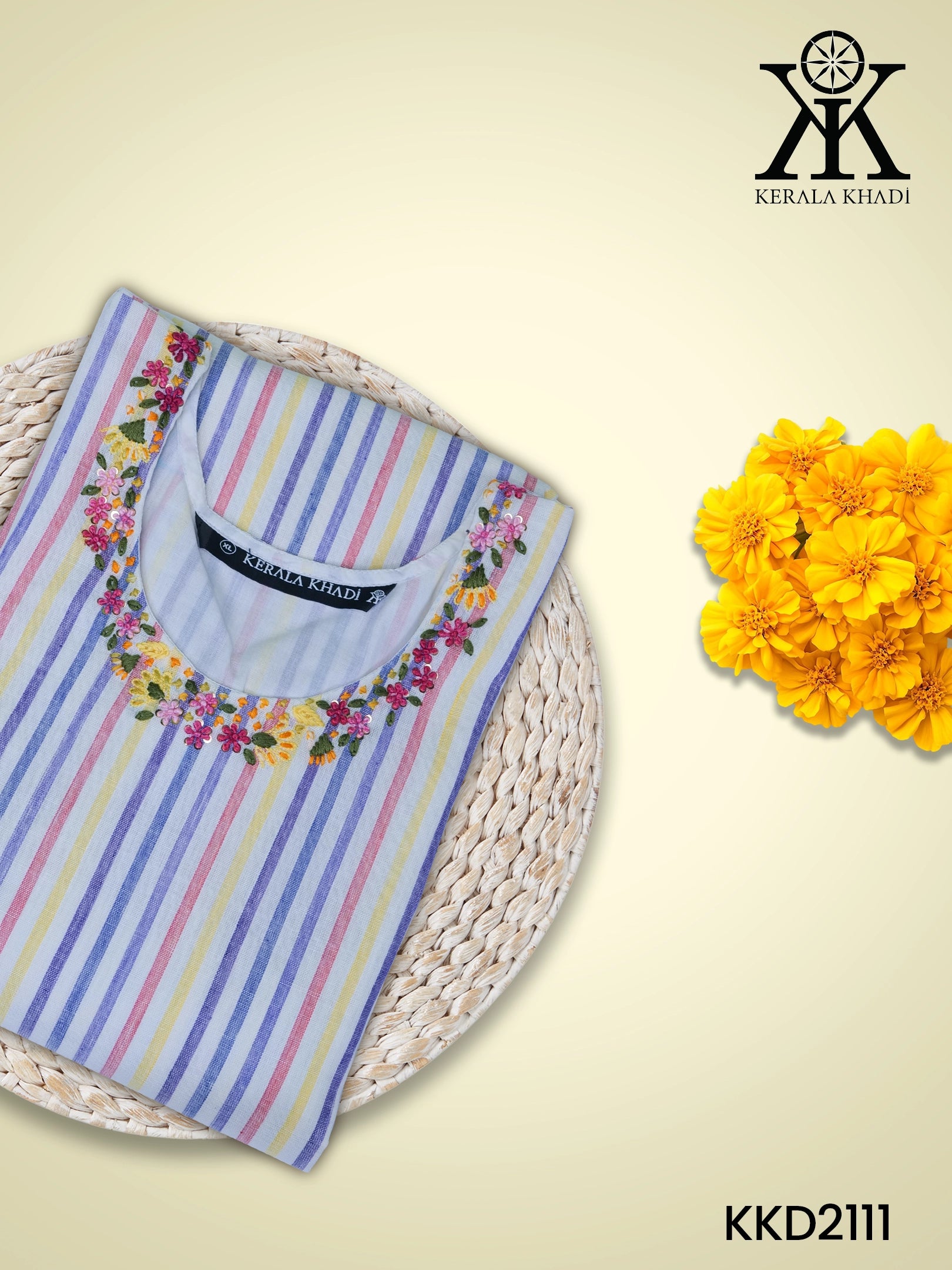 KKD2111 - Neck Hand Embroidery Sleeve Flap With Button – Multicolour Big Stripes