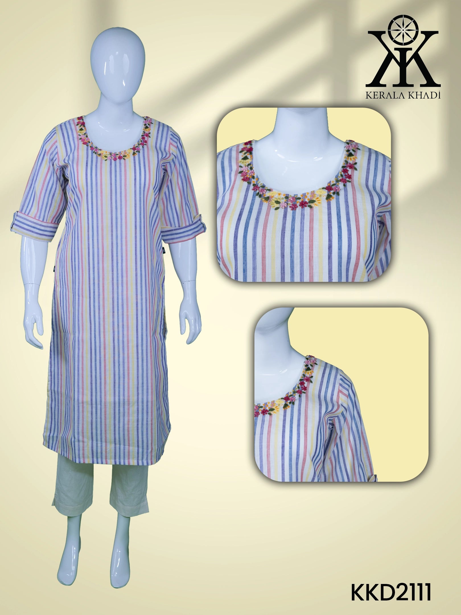 KKD2111 - Neck Hand Embroidery Sleeve Flap With Button – Multicolour Big Stripes