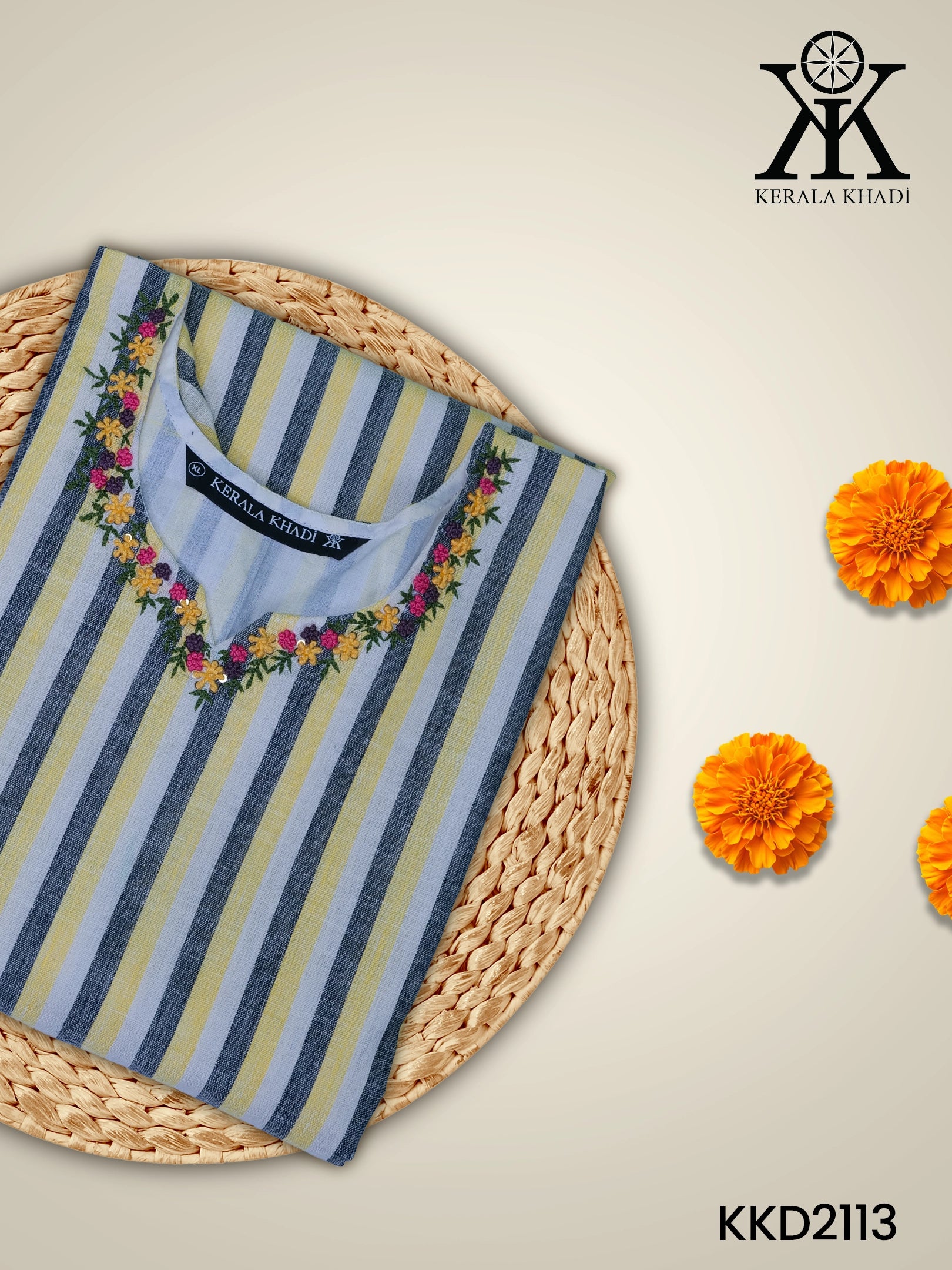 KKD2113 - Neck Hand Embroidery Sleeve Flap With Button – Ash Stripes With Yellow