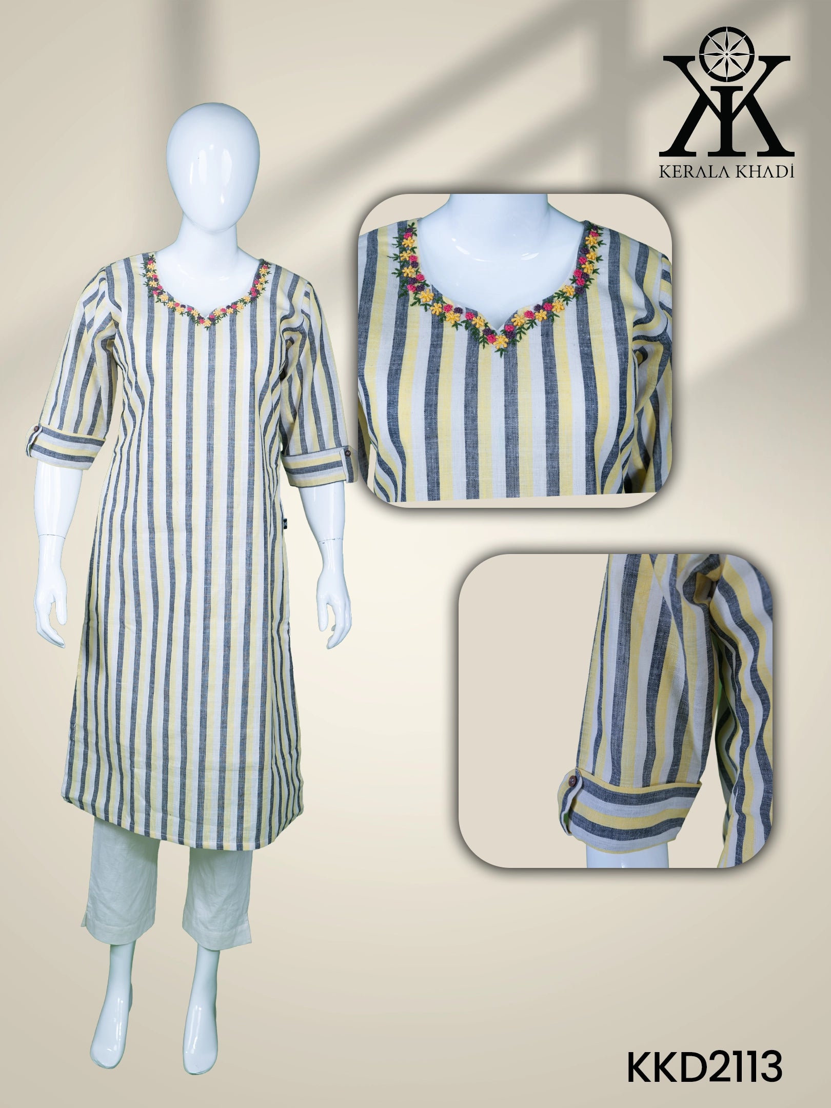 KKD2113 - Neck Hand Embroidery Sleeve Flap With Button – Ash Stripes With Yellow